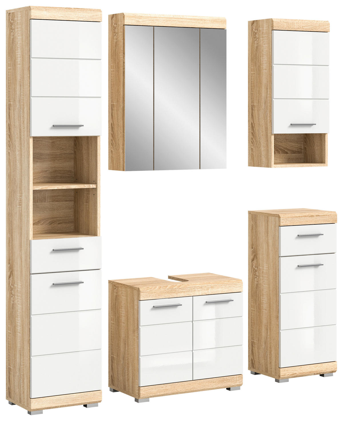 Badezimmer-Set LAMBADA Eiche Sonoma hell Nachbildung weiß Hochglanz B/H/T: ca. 164x191x34 cm LAMBADA - Eiche/weiß (164,00/191,00/34,00cm) - xonox.home