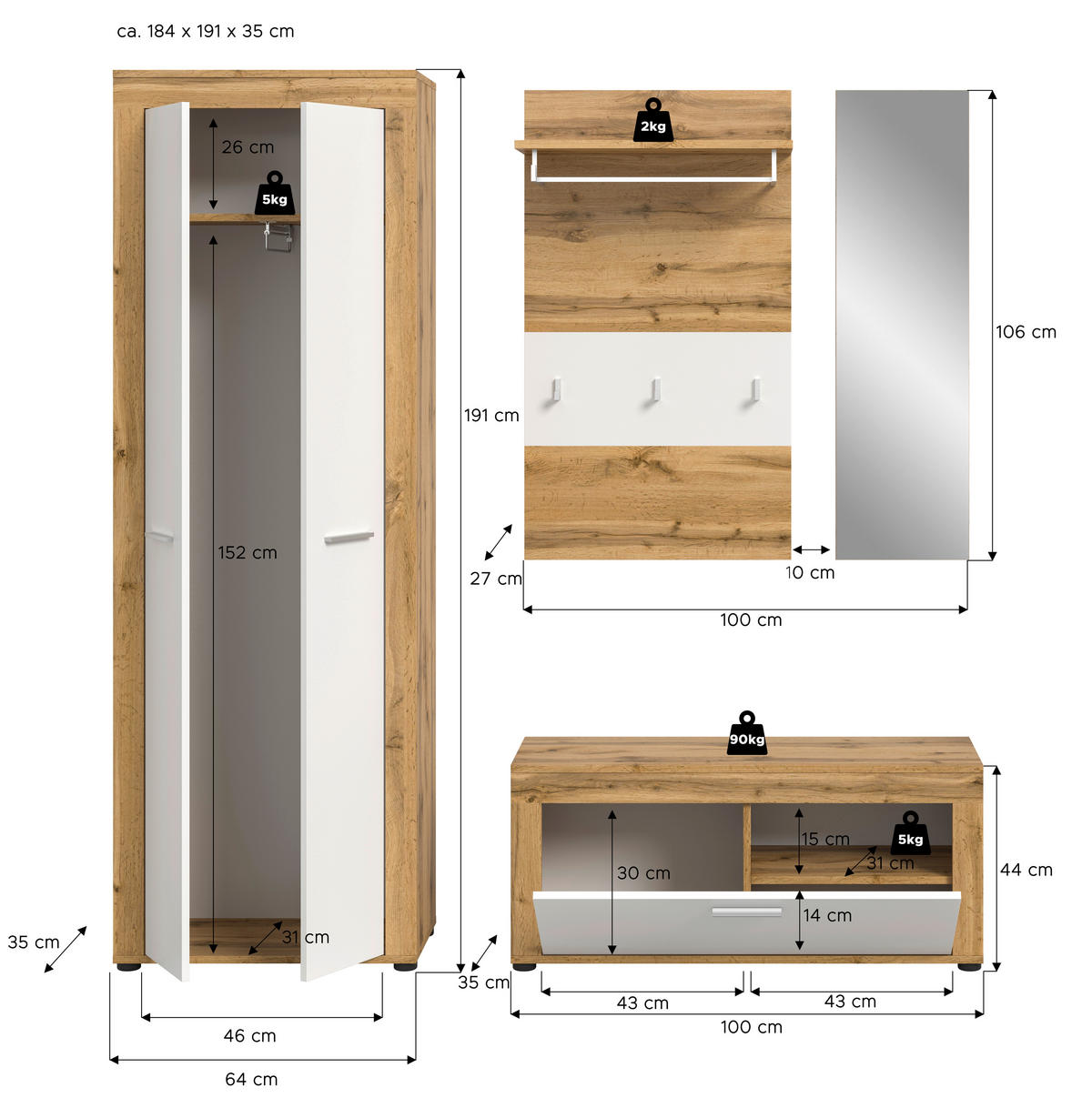 Garderobe JAM Eiche Wotan Nachbildung weiß B/H/T: ca. 184x191x35 cm JAM - Eiche/weiß (184,00/191,00/35,00cm) - xonox.home