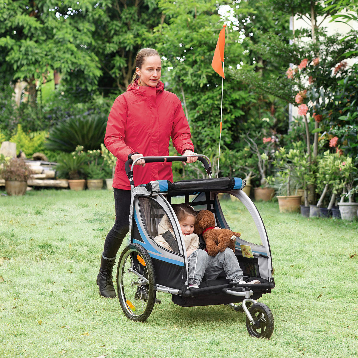 HOMCOM Fahrrad-Zubehör blau blau B/H/L: ca. 75x142x101 cm Kinderfahrradanhänger - blau/schwarz (101,00/75,00/142,00cm) - HOMCOM