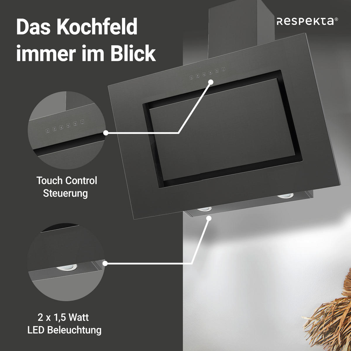 Respekta Dunstabzugshaube CH42090BSA Blacksteel Edelstahl B/H/T: ca. 90x84,1x37,2 cm CH42090BSA - Blacksteel (90,00/84,10/37,20cm) - Respekta