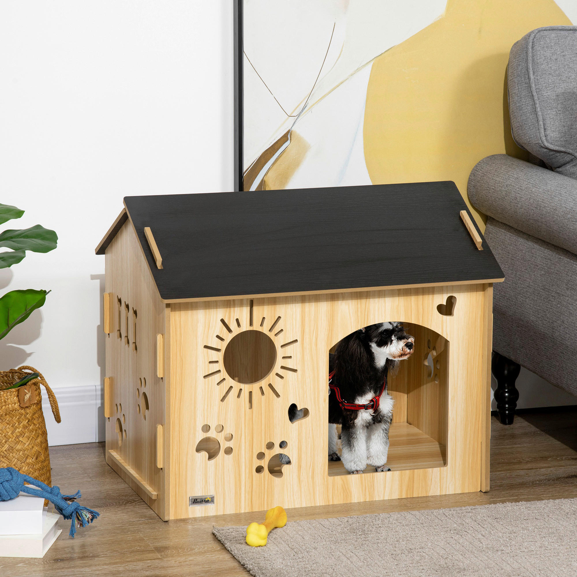 PawHut Hundehütte Eiche MDF B/H/L: ca. 50x58,5x69 cm Hundehütte - Eiche/schwarz (69,00/50,00/58,50cm) - PawHut