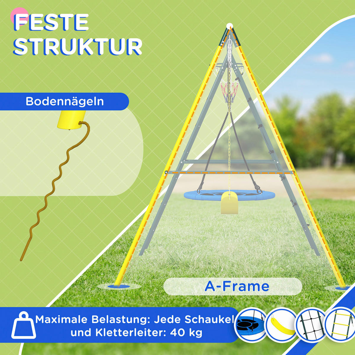 Outsunny Kinderschaukel gelb B/H/L: ca. 180x202x267 cm Kinderschaukel - gelb/grün (267,00/180,00/202,00cm) - Outsunny