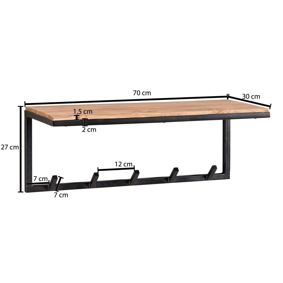 Wandgarderobe natur schwarz pulverbeschichtet B/H/T: ca. 70x27x30 cm Wandgarderobe - natur/schwarz (70,00/27,00/30,00cm) - Wohnling