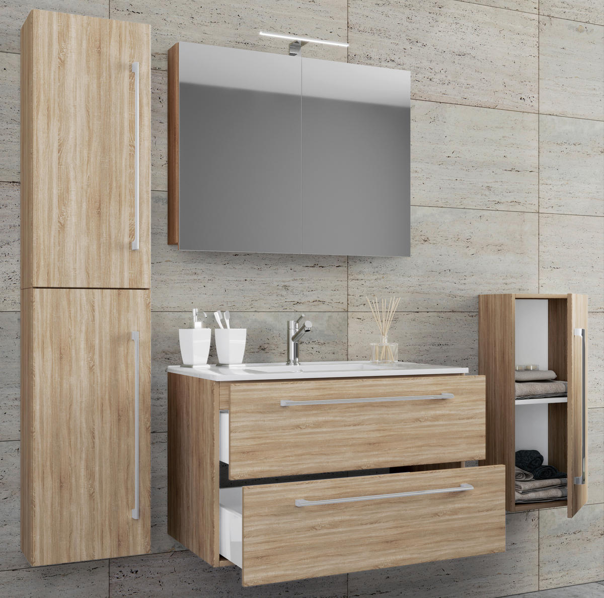 Waschplatz 5tlg-Badinos Eiche Sonoma Nachbildung B/H/T: ca. 60x50x46 cm 5tlg-Badinos - Eiche (60,00/50,00/46,00cm) - VCM Möbel