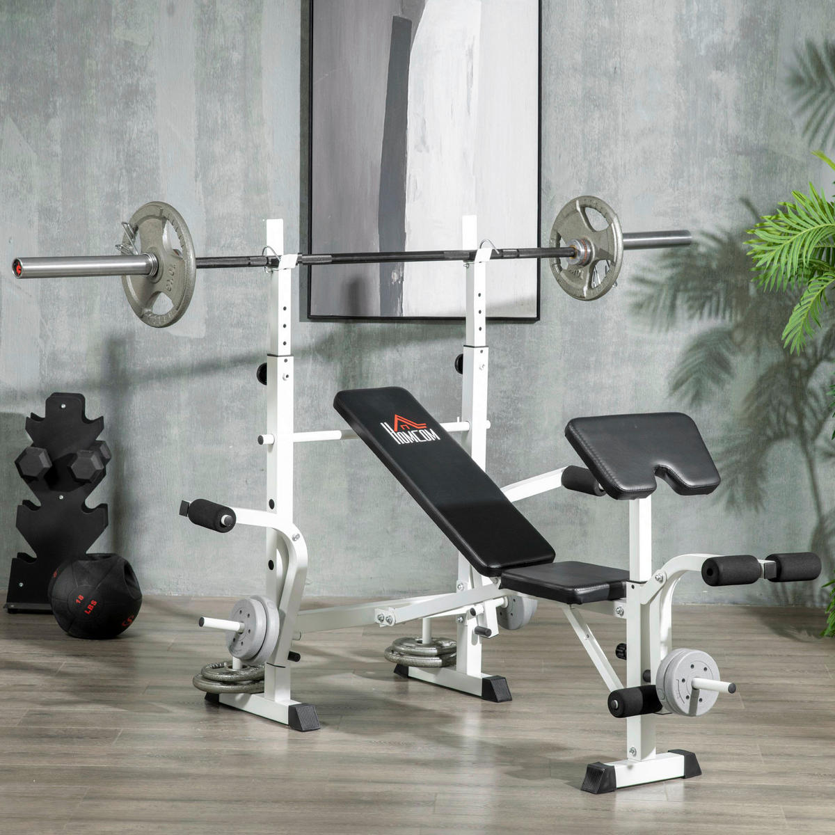 HOMCOM Hantelbank weiß Stahl B/H/L: ca. 134x136x180 cm Hantelbank - weiß/schwarz (180,00/134,00/136,00cm) - HOMCOM