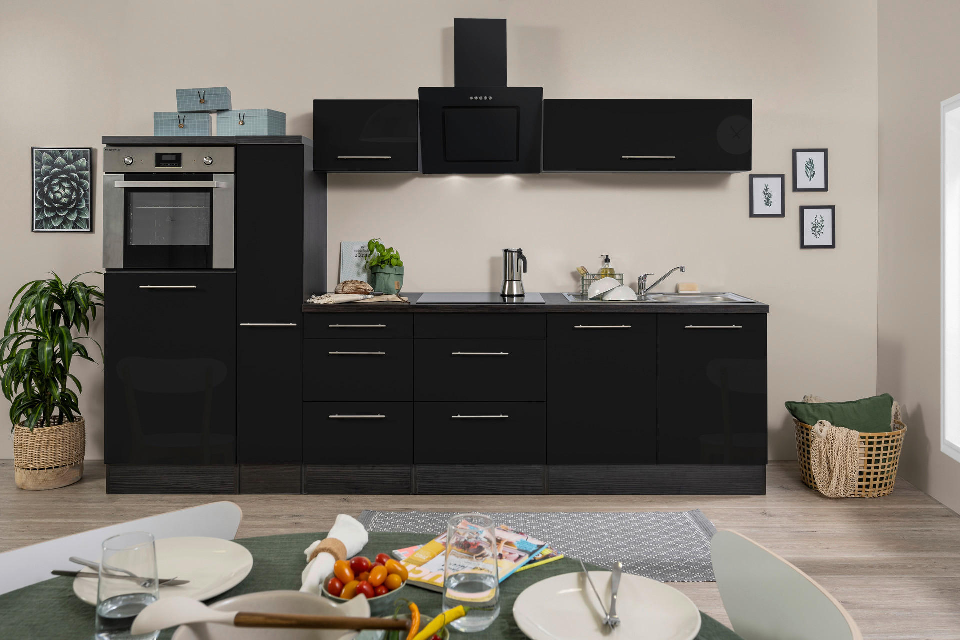 Respekta Küchenblock Amanda schwarz Hochglanz B/H/T: ca. 300x200x60 cm Amanda - schwarz/Edelstahloptik (300,00/200,00/60,00cm) - Respekta