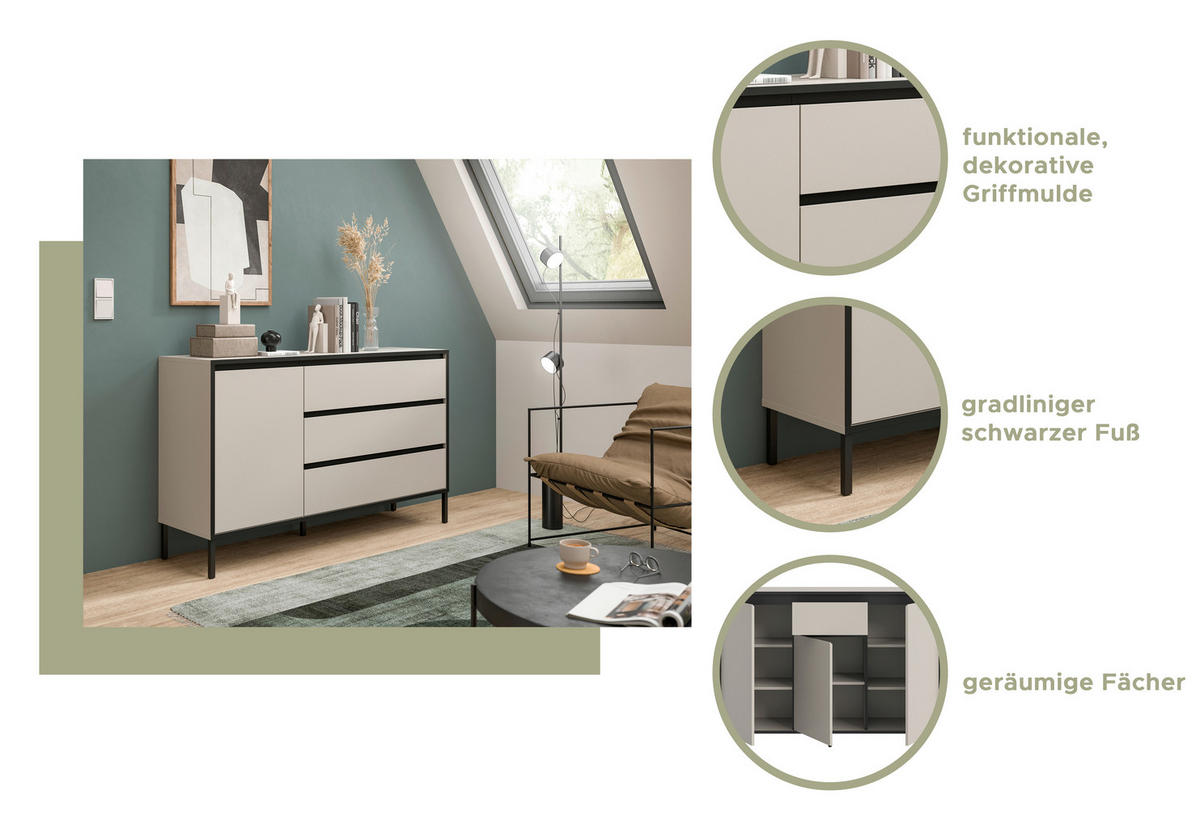 Lowboard Tron Kaschmirgrau Nachbildung schwarz B/H/T: ca. 150x62x38 cm Tron - schwarz (150,00/62,00/38,00cm) - xonox.home