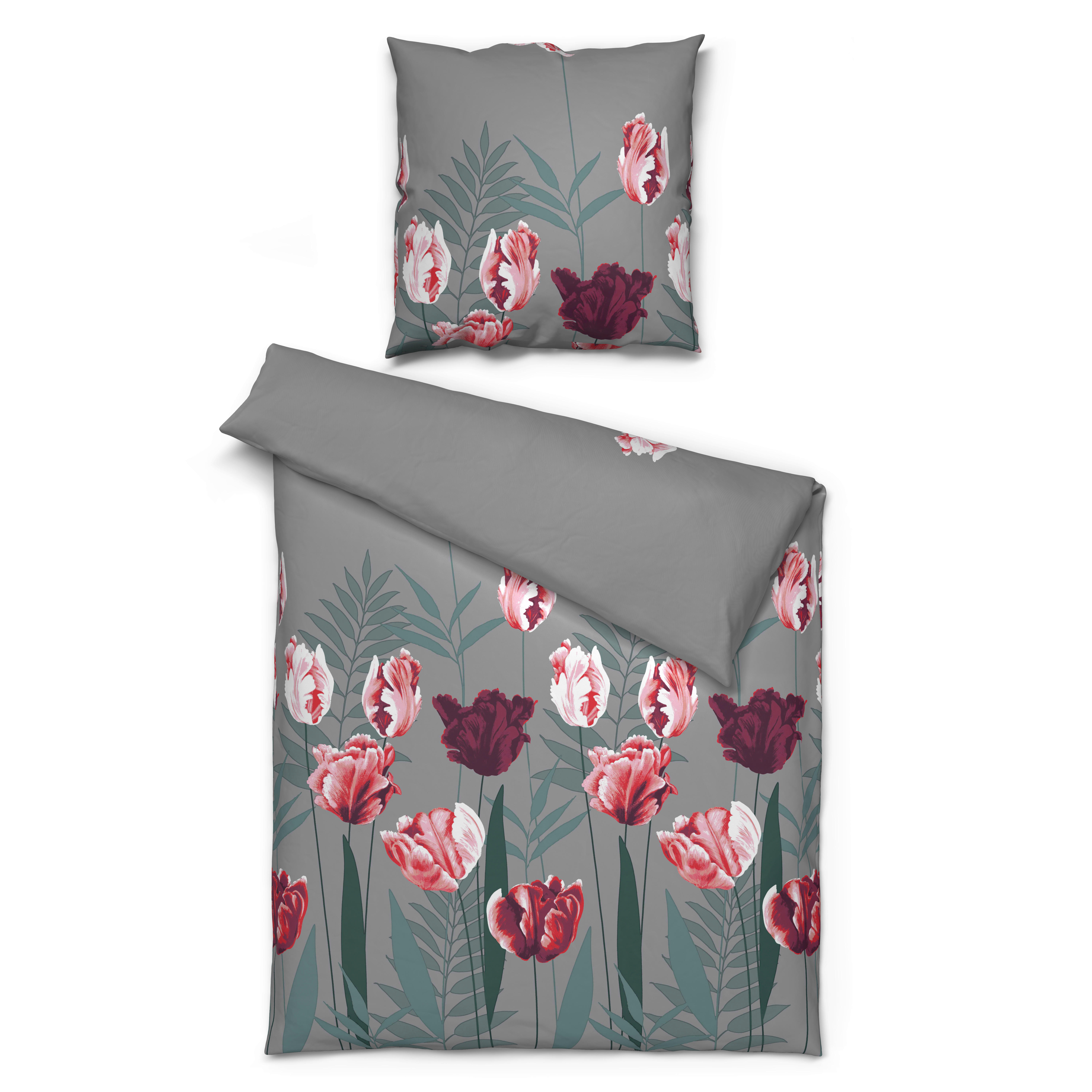 Baumwoll Bettwäsche Renforce Bettwäsche-Renforce Tulip grau - rot/rosa (135,00/200,00cm)