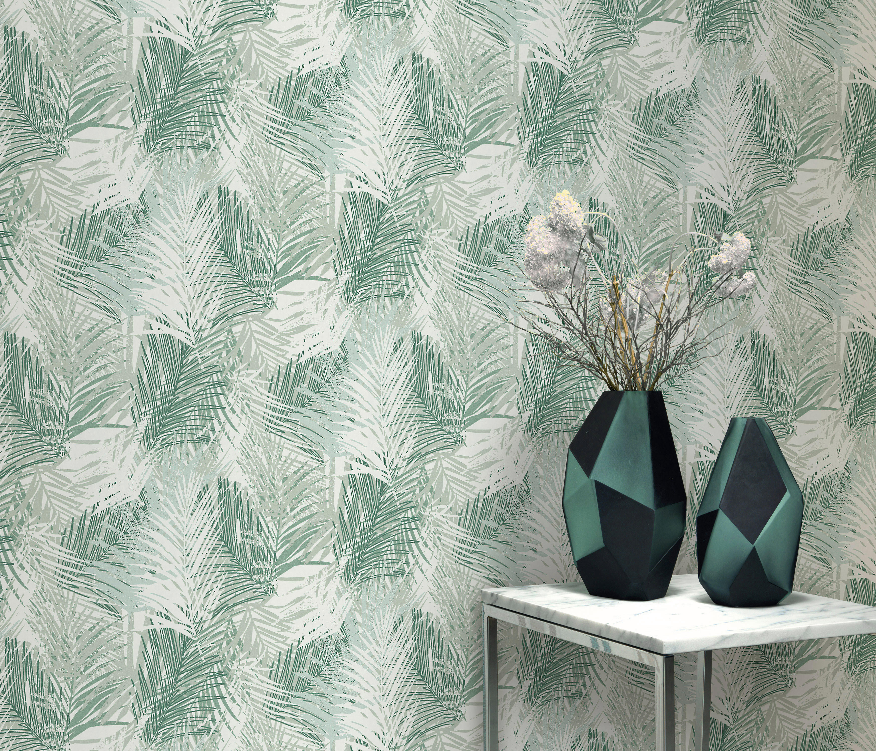 Thumbnail - Erismann Vliestapete Palmenblätter grün weiß B/L: ca. 53x1005 cm
