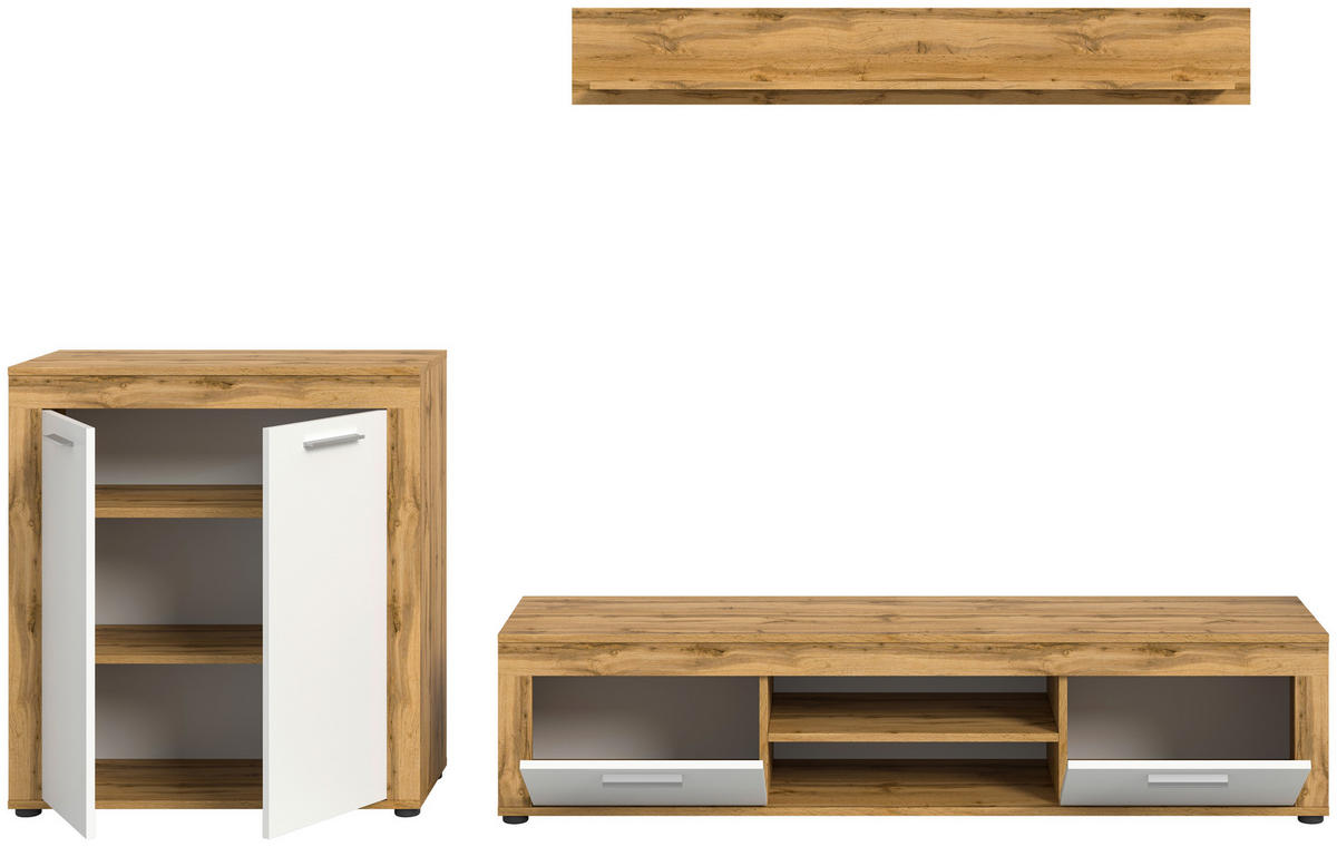 Wohnwand Jam Eiche Wotan Nachbildung weiß B/H/T: ca. 255x159x35 cm Jam - Eiche/weiß (255,00/159,00/35,00cm) - xonox.home