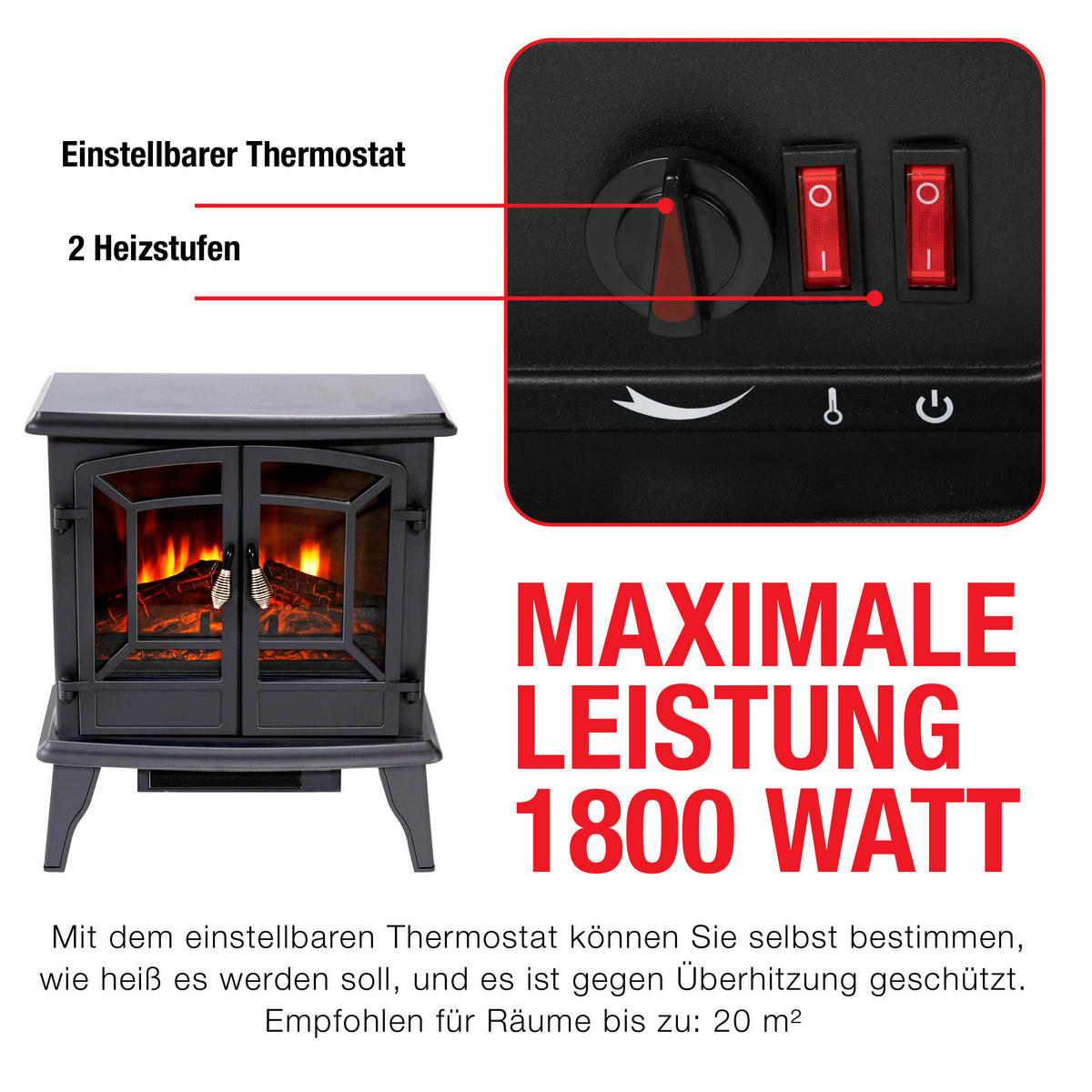 Elektrokamin schwarz B/H/L: ca. 51x59x28 cm ca. 1800 W Narvik - schwarz (28,00/51,00/59,00cm)