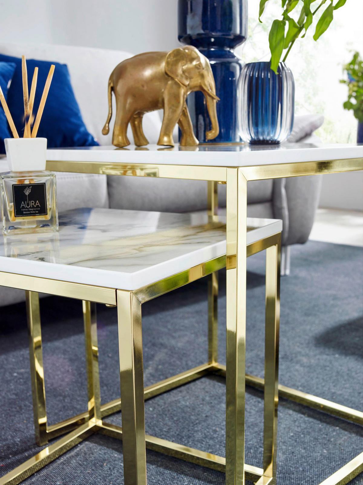Couchtisch 2er-Set. weiß Marmor Optik gold 2er-Set. - gold/weiß - Wohnling
