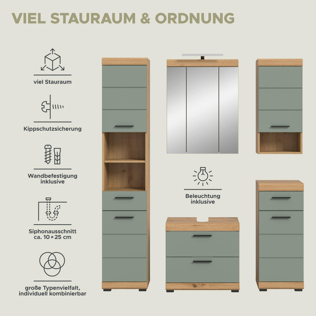 Badezimmer-Set Scout Eiche Artisan Nachbildung salbei Nachbildung B/H/T: ca. 164x191x34 cm Scout - Eiche/salbei (164,00/191,00/34,00cm) - xonox.home