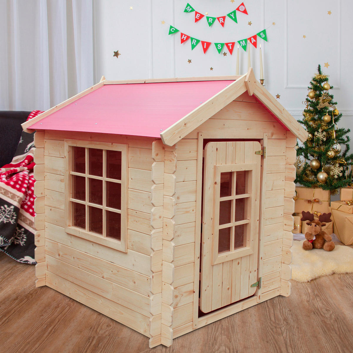 Timbela Kinderspielhaus M570R rot B/H/L: ca. 114x121x111 cm M570R - natur/rot (111,00/114,00/121,00cm) - Timbela
