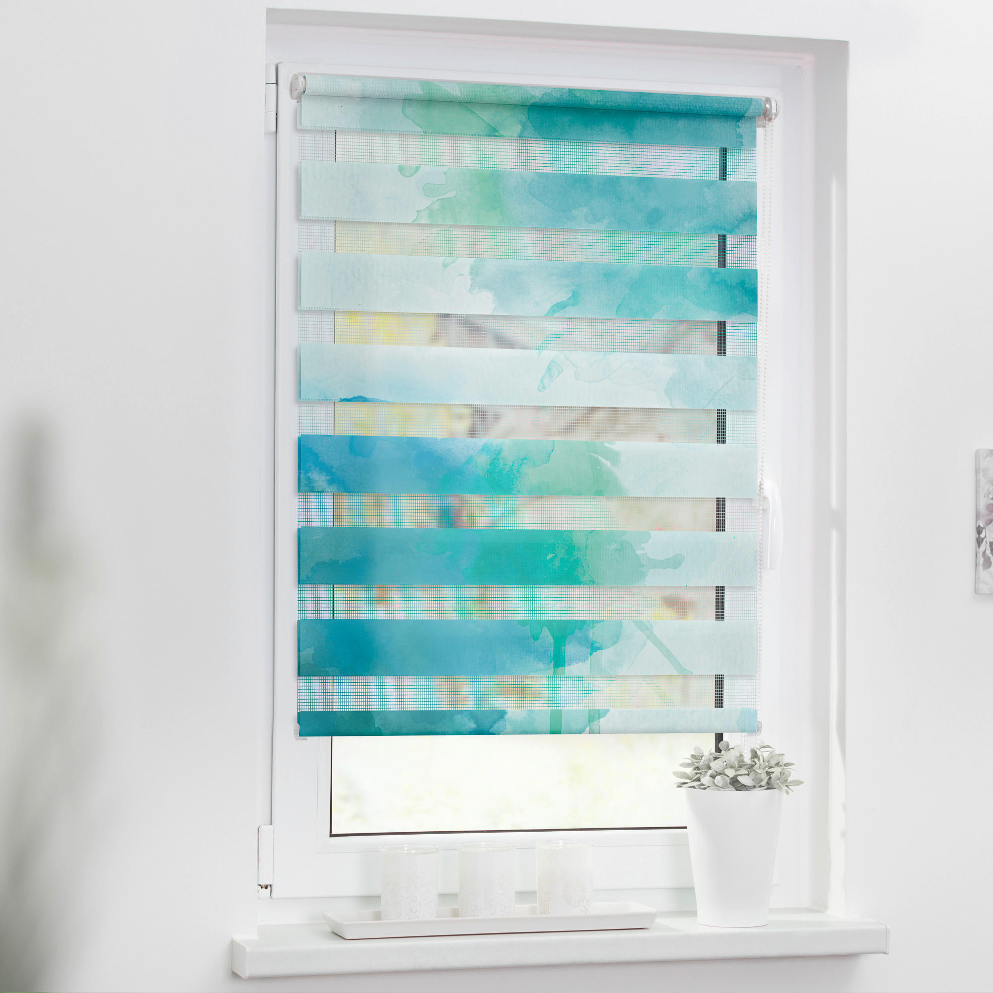 Doppelrollo Duo Aquarell blau B/L: ca. 100x150 cm Duo Aquarell - blau/grün (100,00/150,00cm) - LICHTBLICK