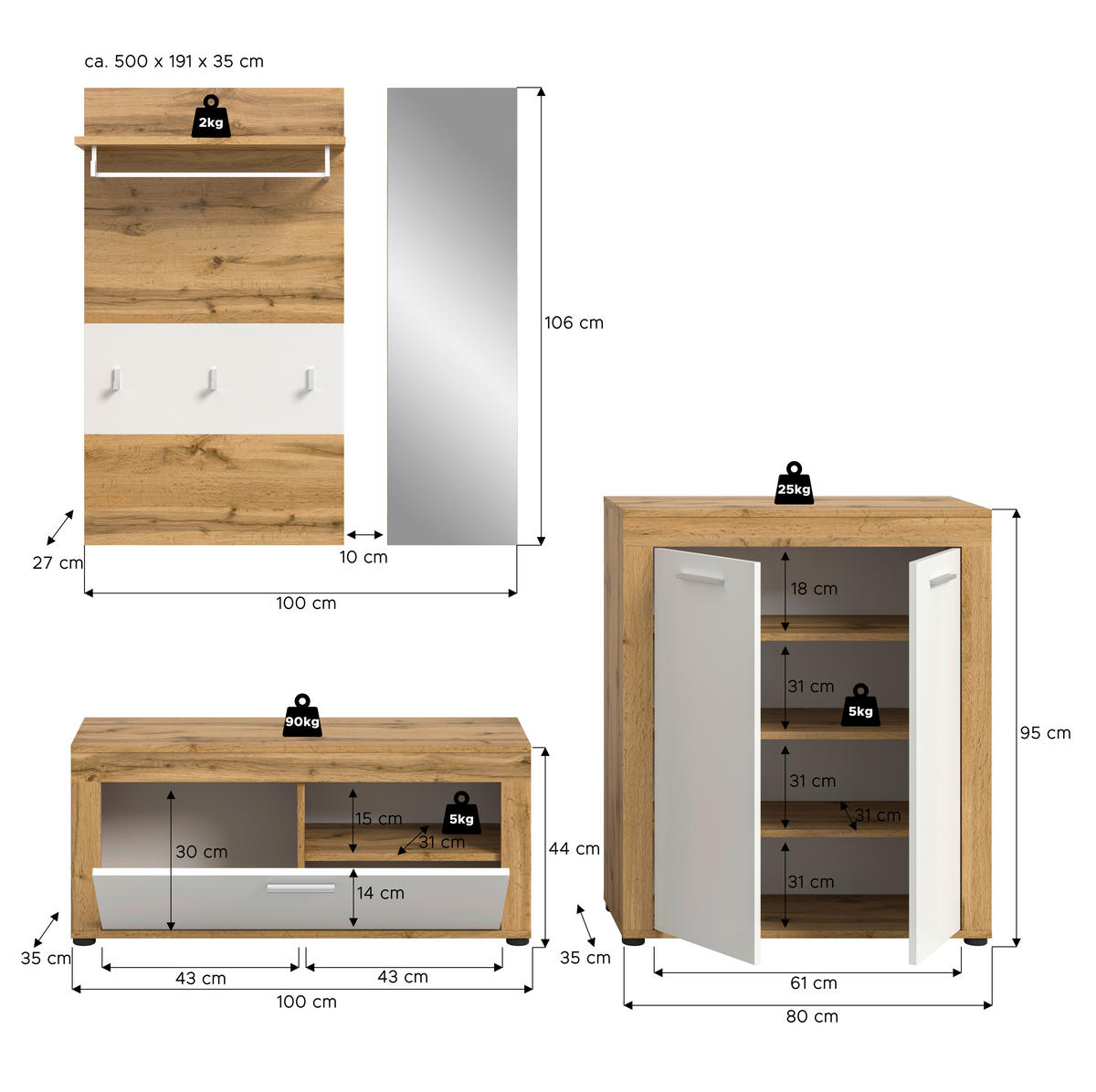 Garderobe JAM Eiche Wotan Nachbildung weiß B/H/T: ca. 200x191x35 cm JAM - Eiche/weiß (200,00/191,00/35,00cm) - xonox.home