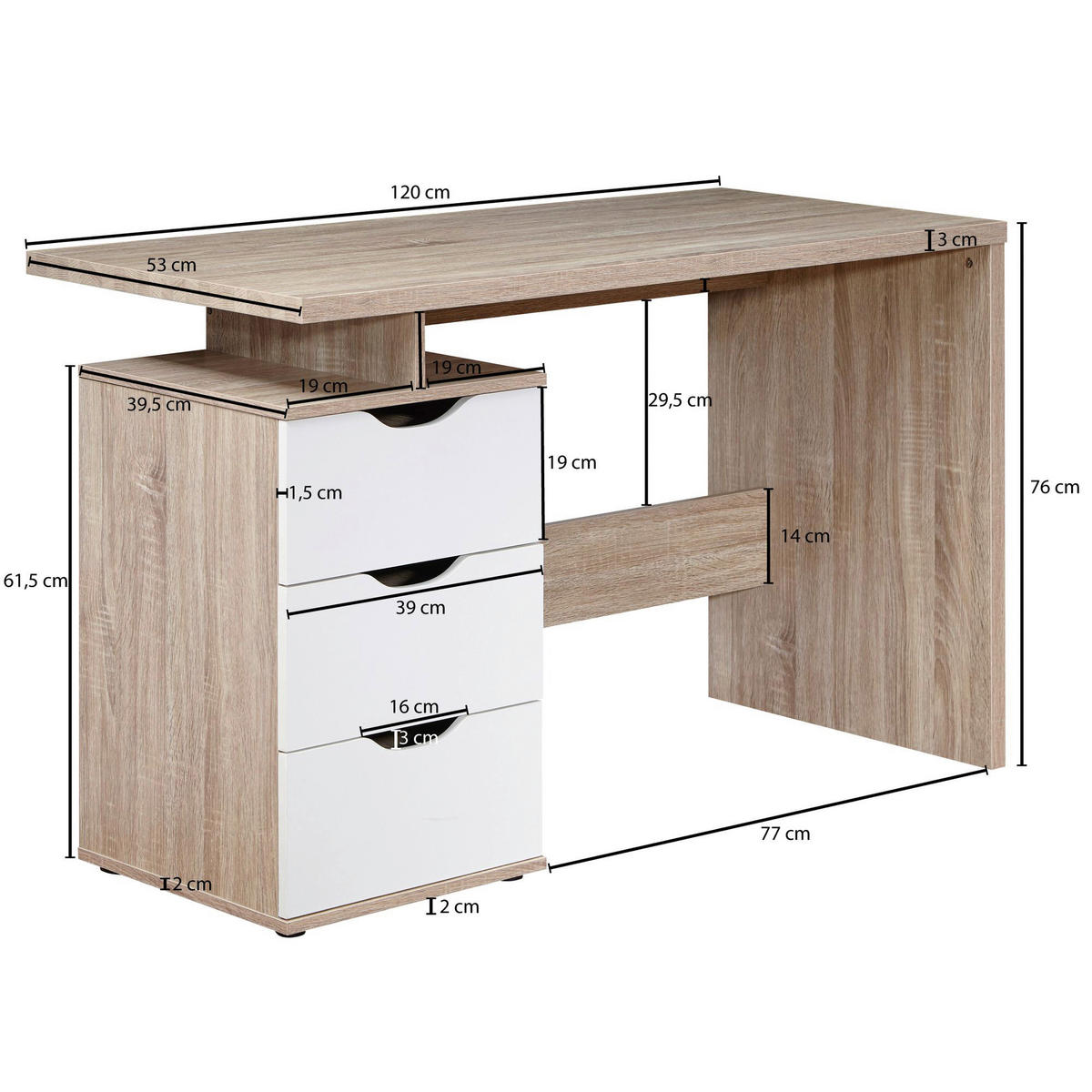 Schreibtisch Eiche Sonoma Nachbildung weiß B/H/T: ca. 120x76x53 cm Schreibtisch - Eiche/weiß (120,00/76,00/53,00cm) - Wohnling