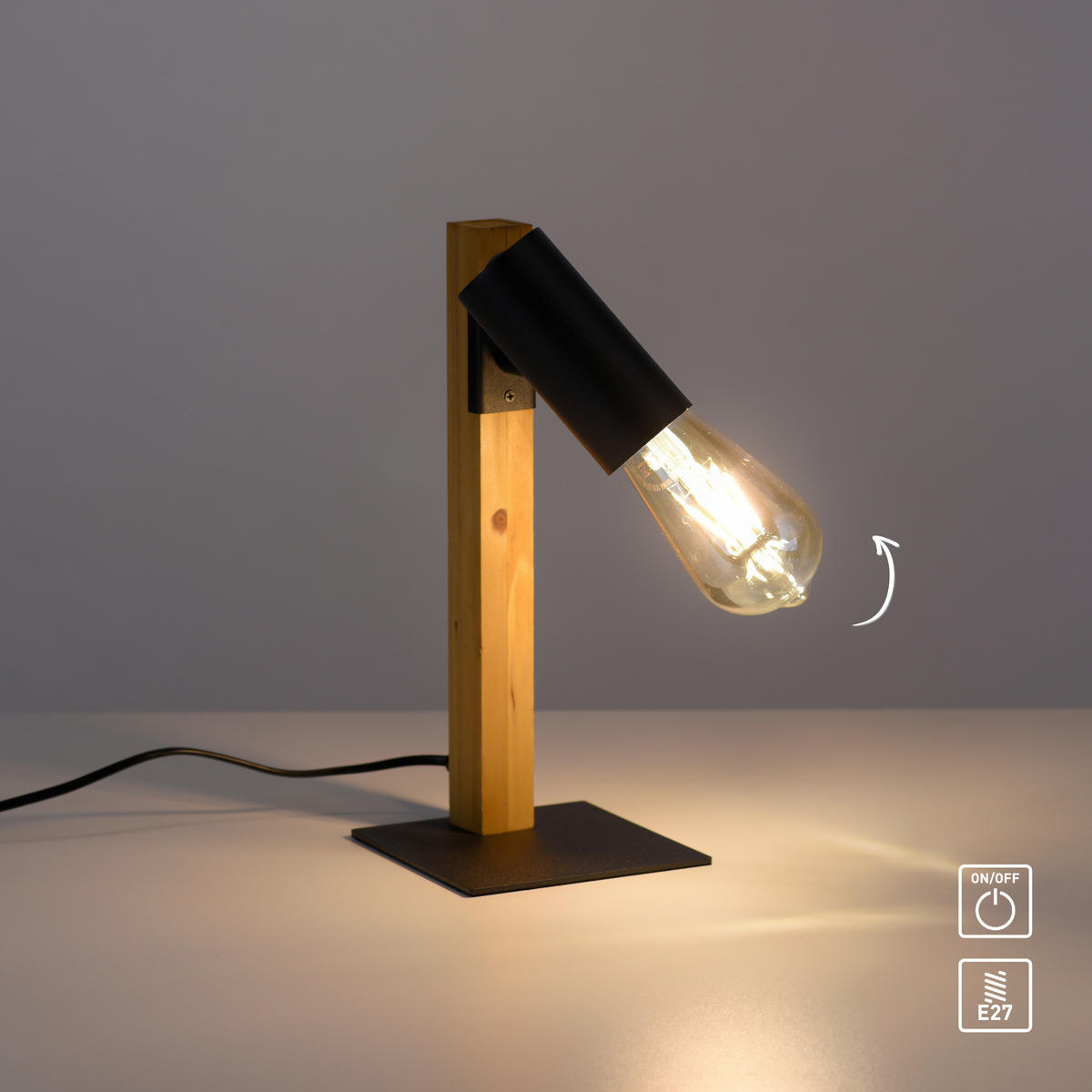 Just Light Tischleuchte PILON 15164-18 natur schwarz Holz Metall B/H/T: ca. 13x32,5x13,5 cm E27 1 Brennstellen PILON - natur/schwarz (13,00/32,50/13,50cm) - Just Light