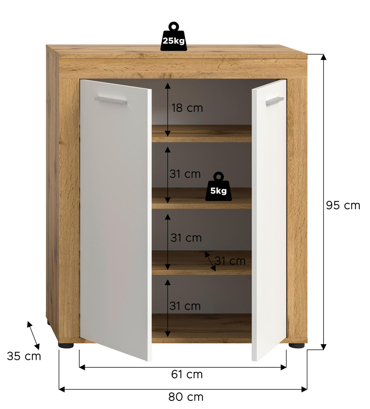 Schuhschrank JAM Eiche Wotan Nachbildung weiß B/H/T: ca. 80x95x35 cm JAM - Eiche/weiß (80,00/95,00/35,00cm) - xonox.home