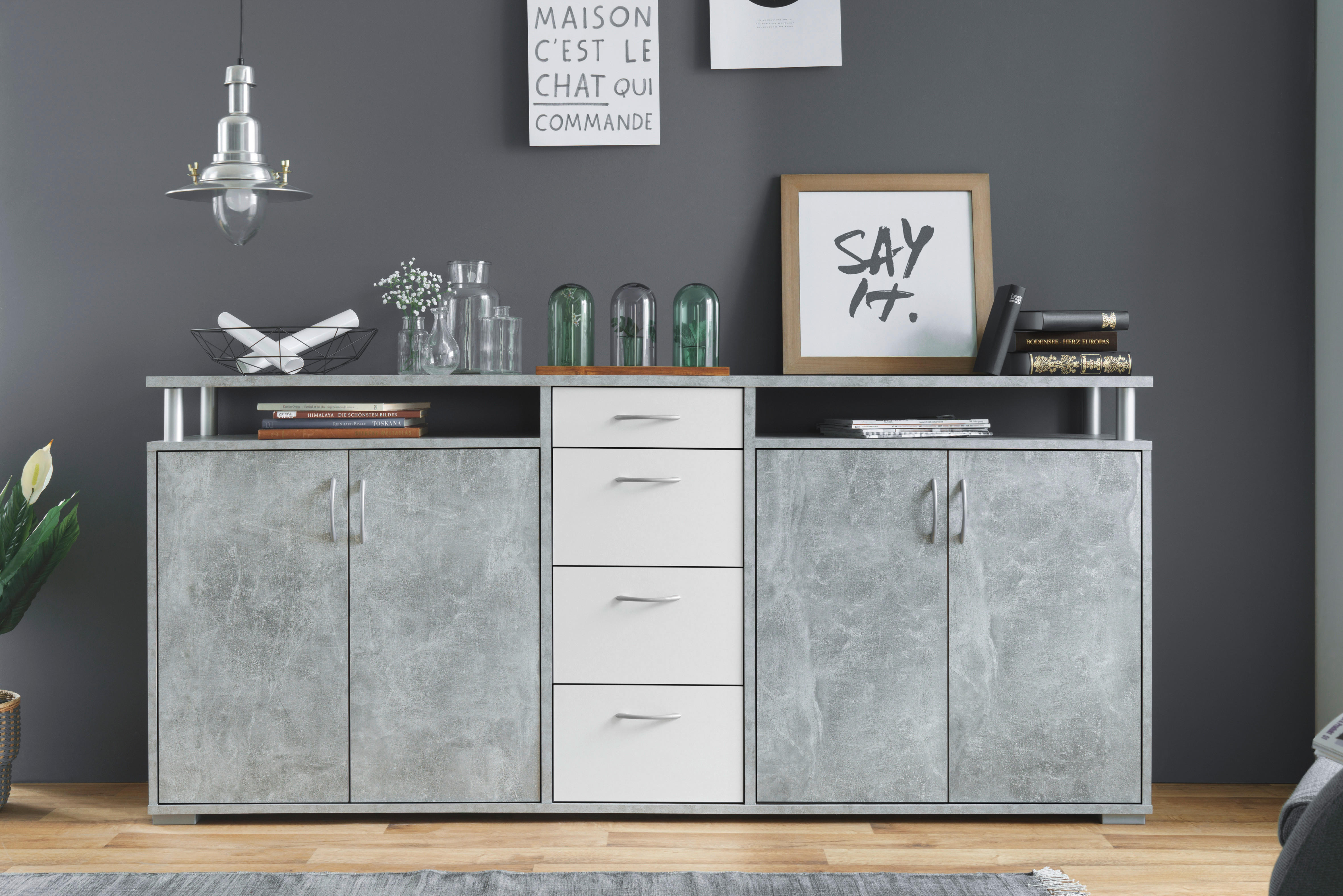 Sideboard Maximo Beton Optik weiß B/H/T: ca. 208x94x38 cm