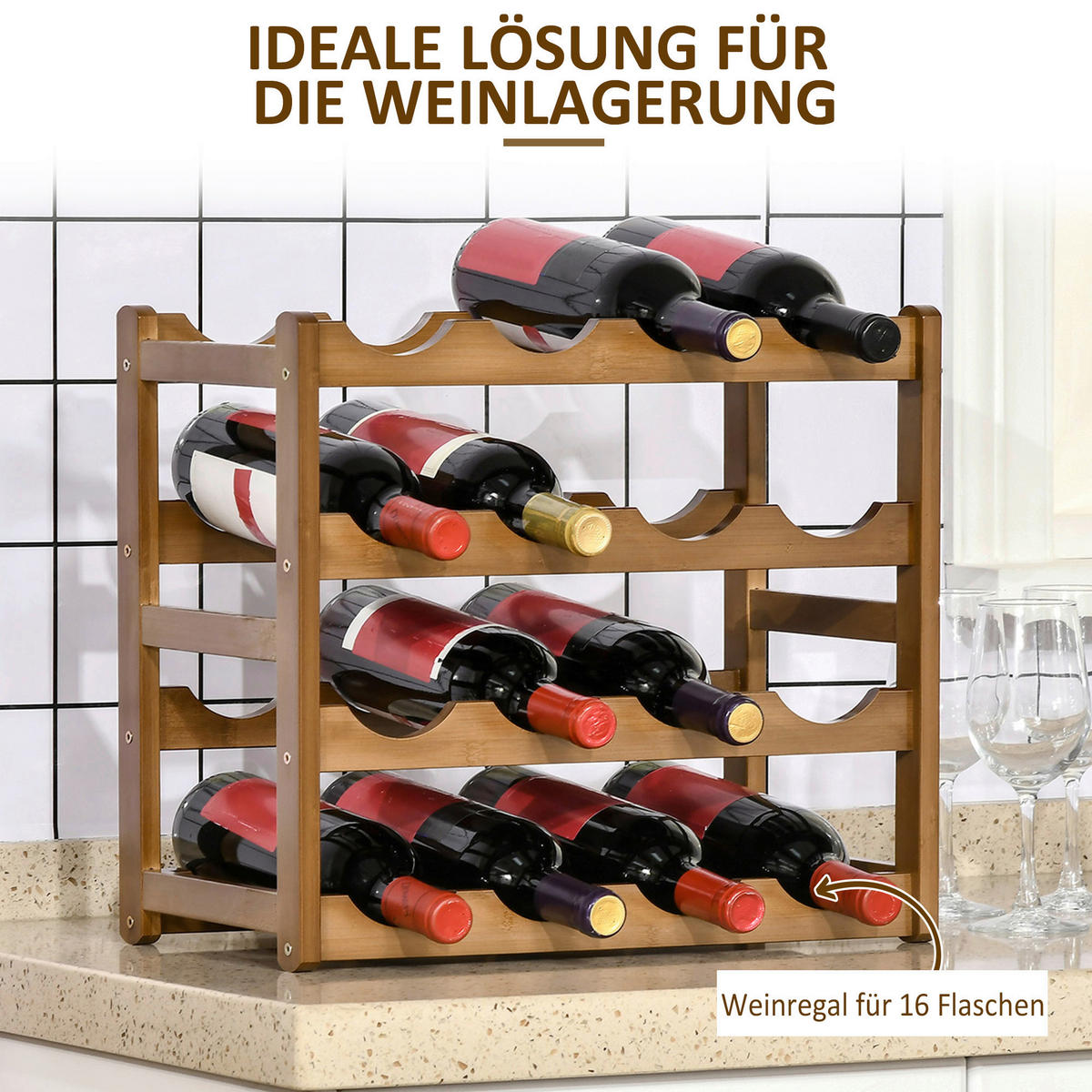 HOMCOM Weinregal braun Edelstahl B/H/L: ca. 23,5x43x38 cm Weinregal - braun (38,00/23,50/43,00cm) - HOMCOM