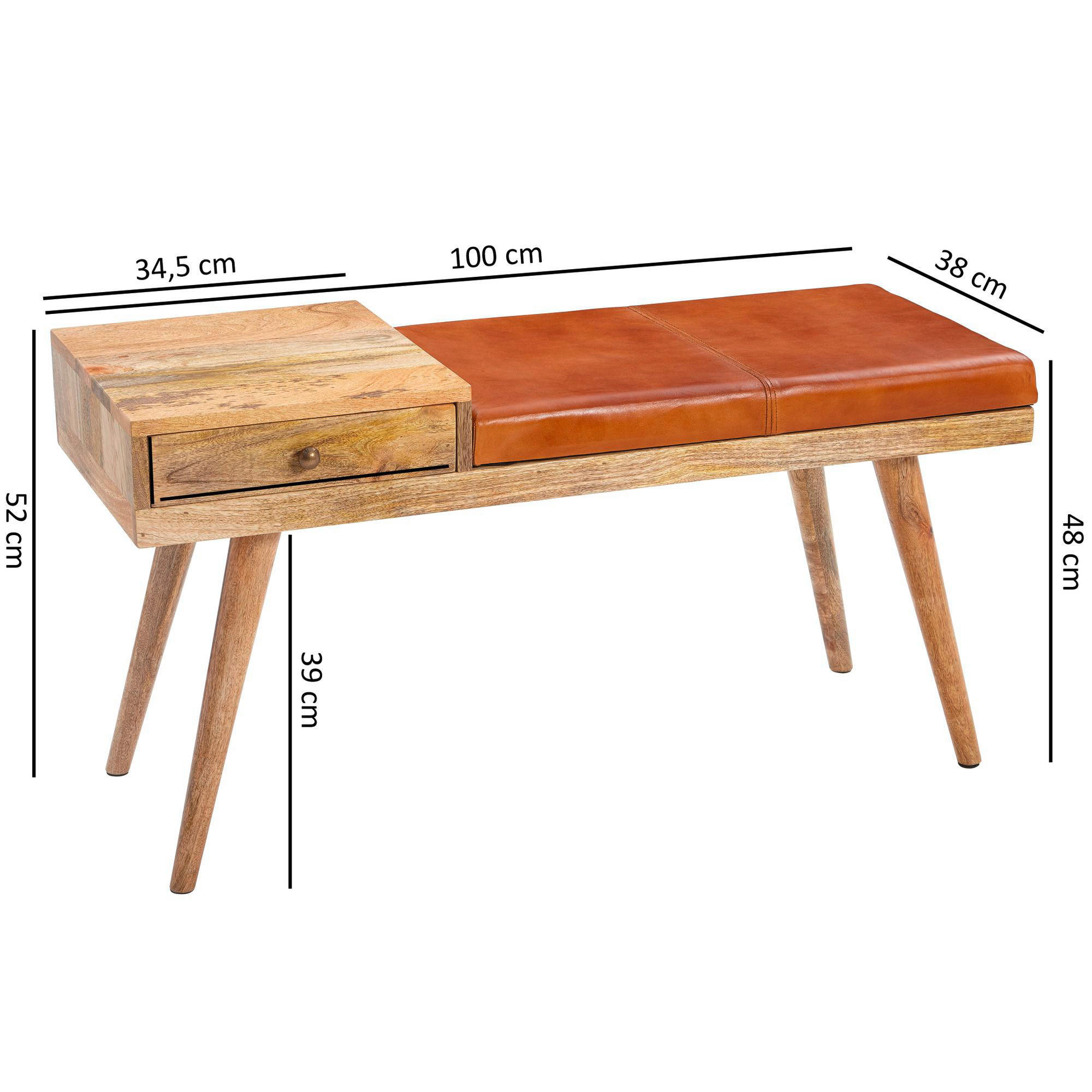 Wohnling Sitzbank natur braun Echtholz Leder B/H/T: ca. 100x52x38 cm Sitzbank - braun/natur (100,00/52,00/38,00cm) - Wohnling