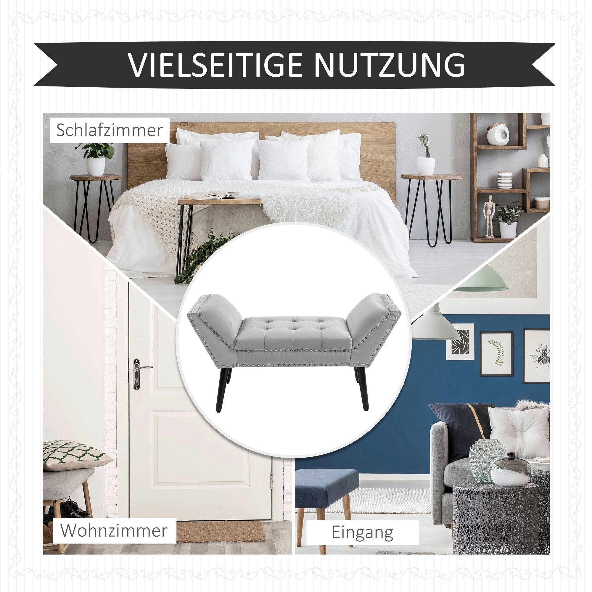 Polsterbank 839-009 hellgrau B/H/T: ca. 114x56x46 cm 839-009 - hellgrau/schwarz (114,00/56,00/46,00cm) - HOMCOM