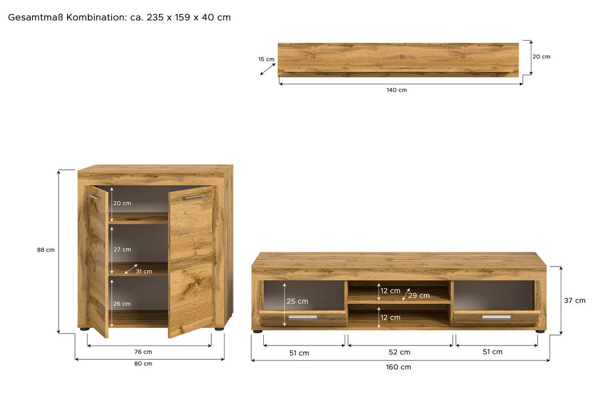 Wohnwand Jam Eiche Wotan Nachbildung B/H/T: ca. 255x159x35 cm Jam - Eiche (255,00/159,00/35,00cm) - xonox.home