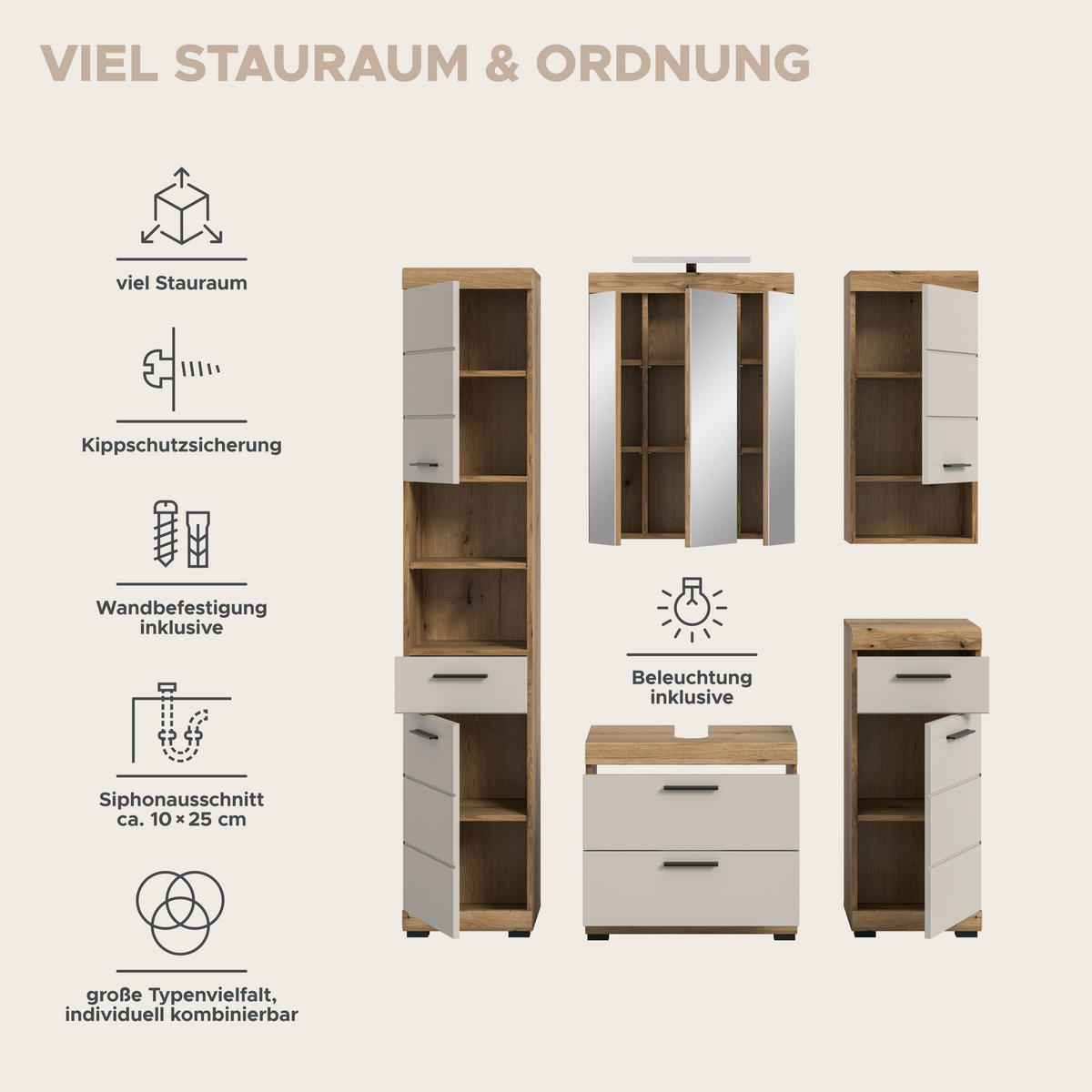 Badezimmer-Set Scout Evoke Oak Nachbildung Kaschmirgrau Nachbildung B/H/T: ca. 164x191x34 cm Scout - Kaschmirgrau (164,00/191,00/34,00cm) - xonox.home
