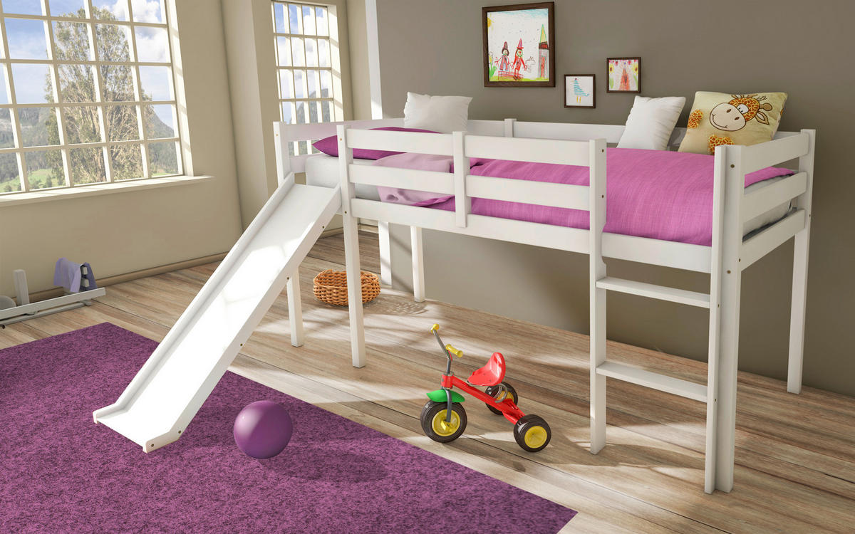 Hochbett mit Rutsche Amir kiefer weiß Liegefläche B/L: ca. 90x200 cm Amir - kiefer/weiß (103,00/113,00/207,00cm)