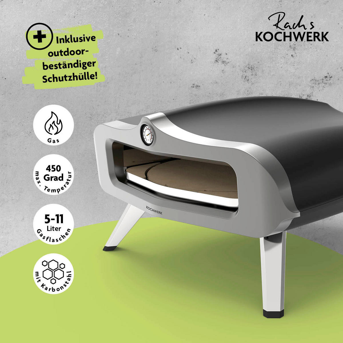 Rachs KOCHWERK Gas-Pizzaofen silber Edelstahl B/H/L/D: ca. 61,5x32x70,5x55 cm Pizzaofen_Glas - schwarz/silber (70,50/61,50/32,00cm) - Rachs KOCHWERK