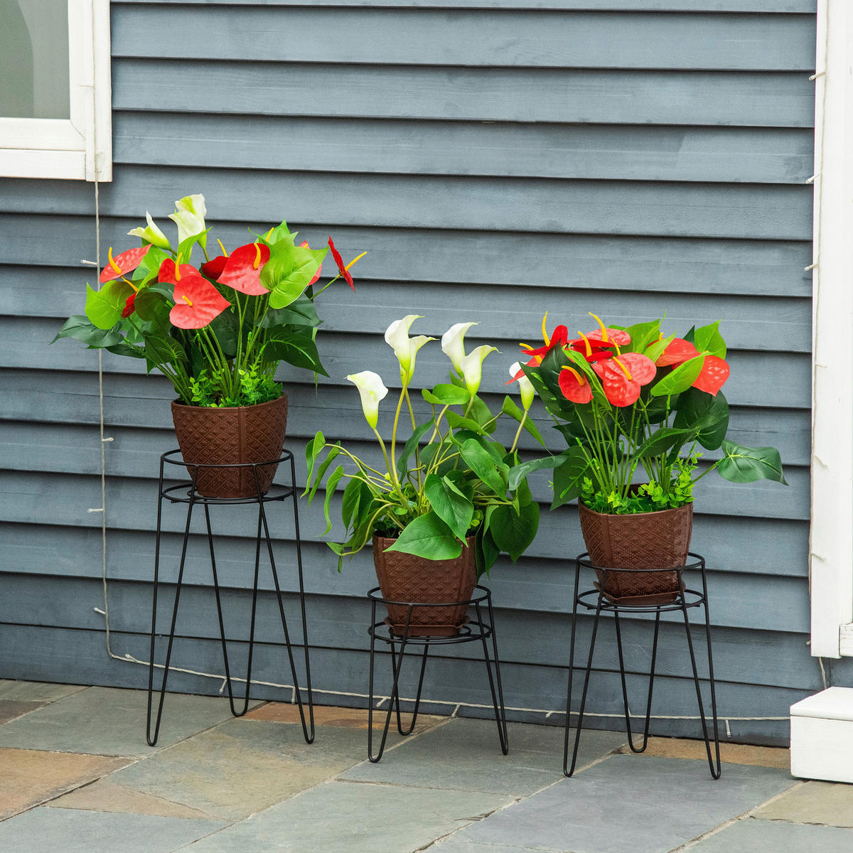 Outsunny Pflanzenständer-Set schwarz Stahl B/H/L: ca. 23x42x26 cm Pflanzenständer-Set - schwarz (26,00/23,00/42,00cm) - Outsunny