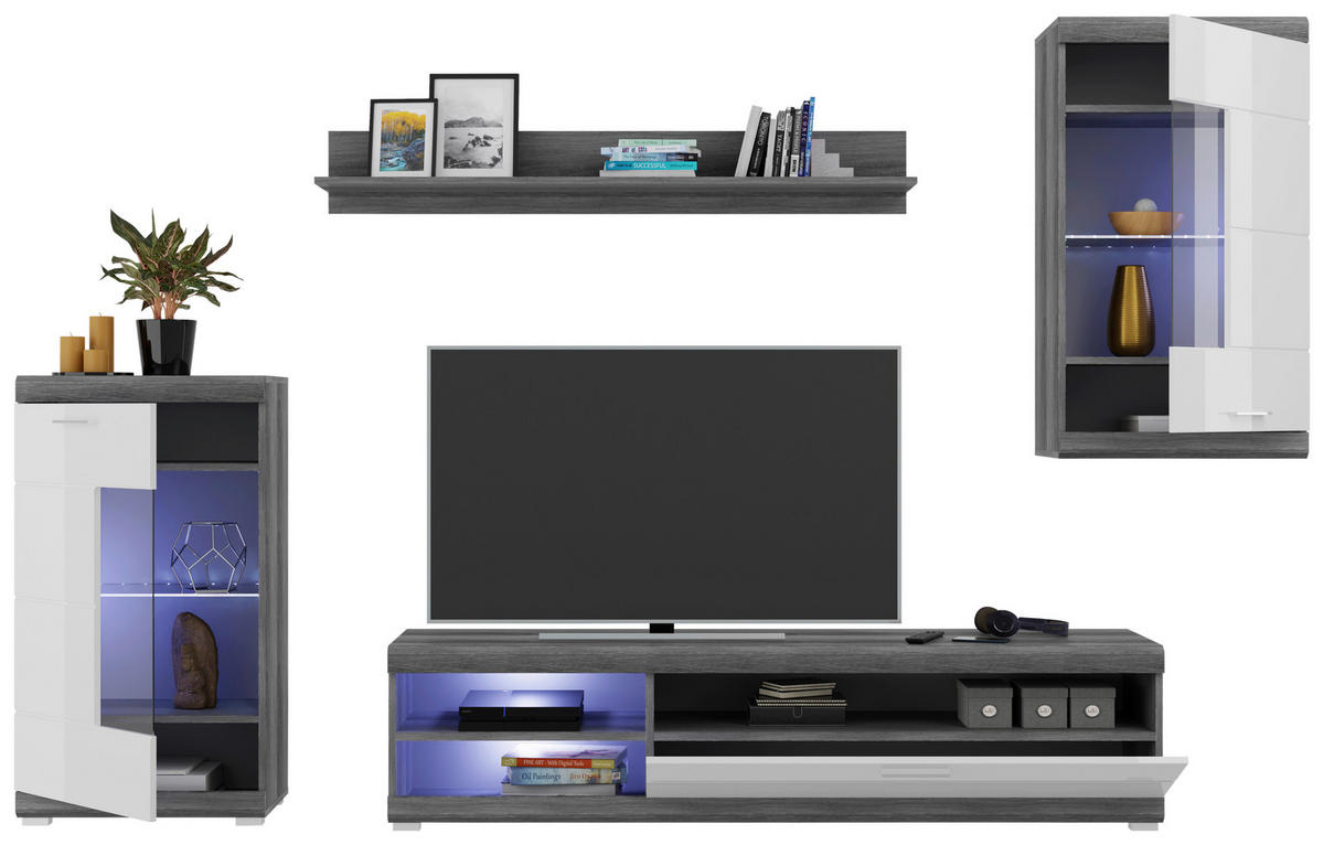 Wohnwand Scout Rauchsilber Nachbildung weiß Hochglanz B/H/T: ca. 265x185x40 cm Scout - weiß (265,00/185,00/40,00cm)