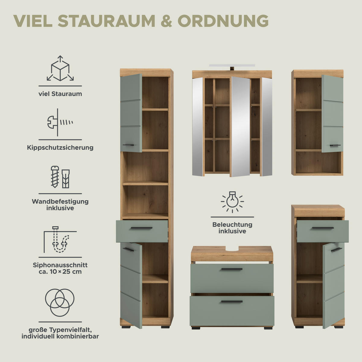 Badezimmer-Set Scout Eiche Artisan Nachbildung salbei Nachbildung B/H/T: ca. 164x191x37 cm Scout - Eiche/salbei (164,00/191,00/37,00cm) - xonox.home