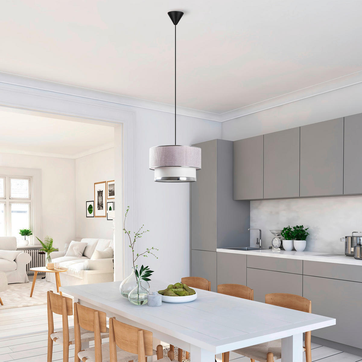 Opviq Pendelleuchte grau silber Metall Baumwolle B/H/L: ca. 30x65x30 cm E27 1 Brennstellen Cake - silber/grau (30,00/30,00/65,00cm) - Opviq