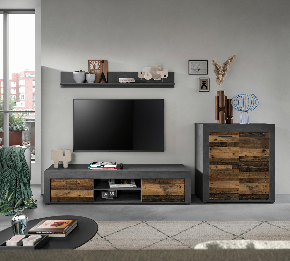 Wohnwand Jam Matera Nachbildung Old Wood Nachbildung B/H/T: ca. 159x255x35 cm Jam - (159,00/255,00/35,00cm) - xonox.home