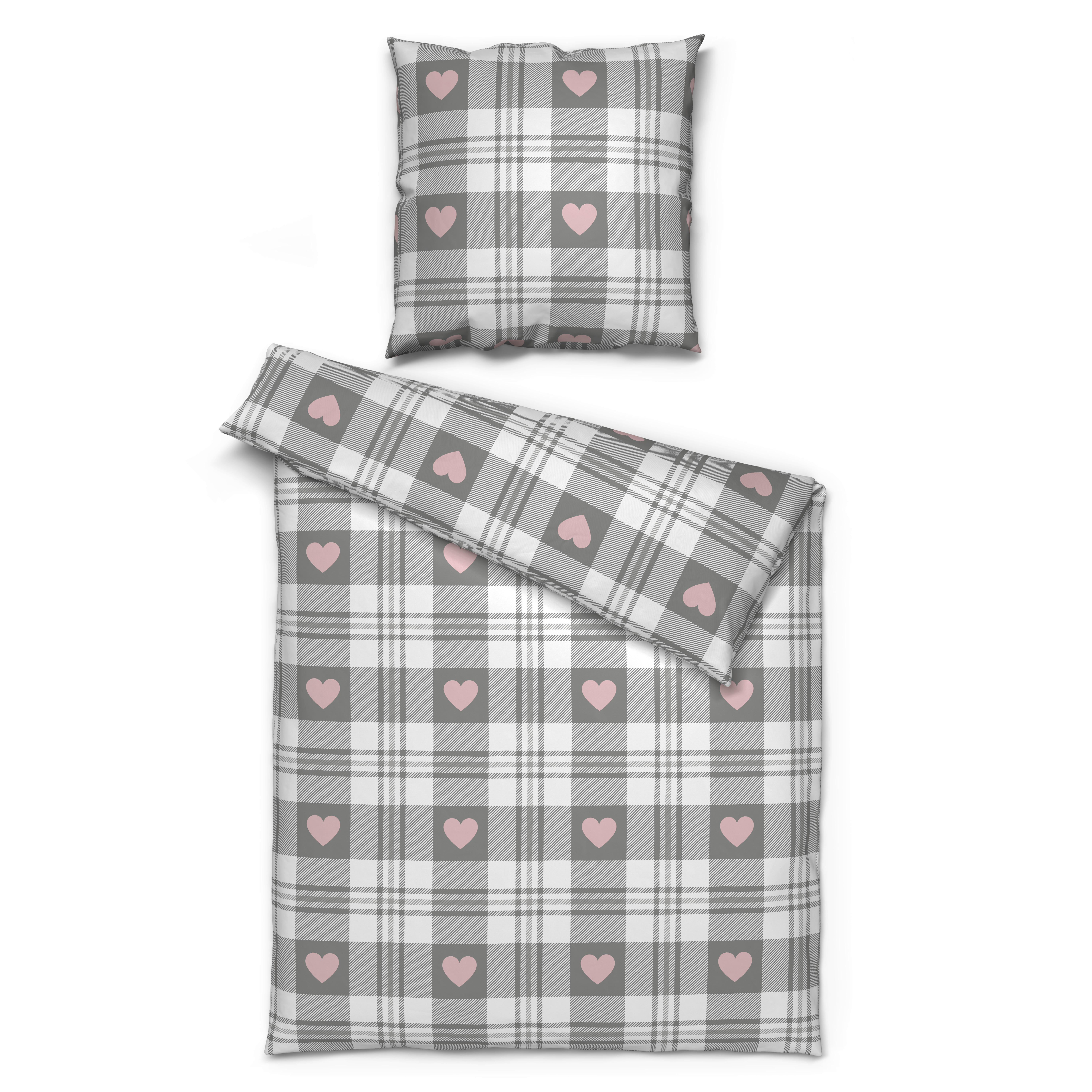 Microfaser Bettwäsche Fleece Bettwäsche_Fleece Herzen 135x200cm - rosa/grau (135,00/200,00cm)