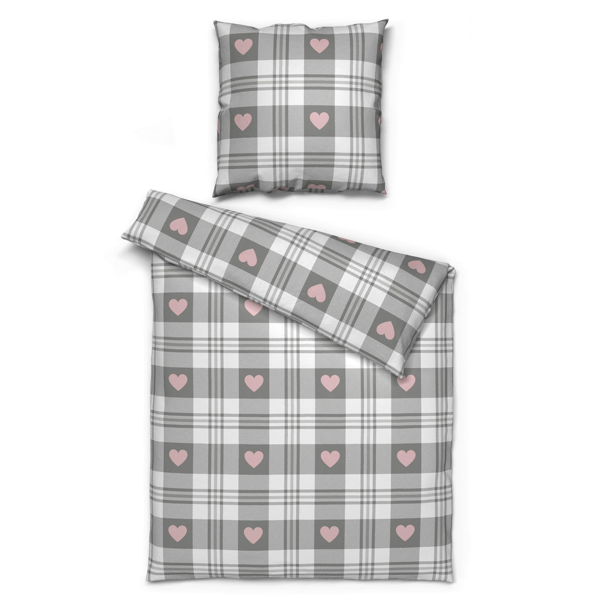 Microfaser Bettwäsche Fleece Bettwäsche_Fleece Herzen 135x200cm - rosa/grau (135,00/200,00cm)