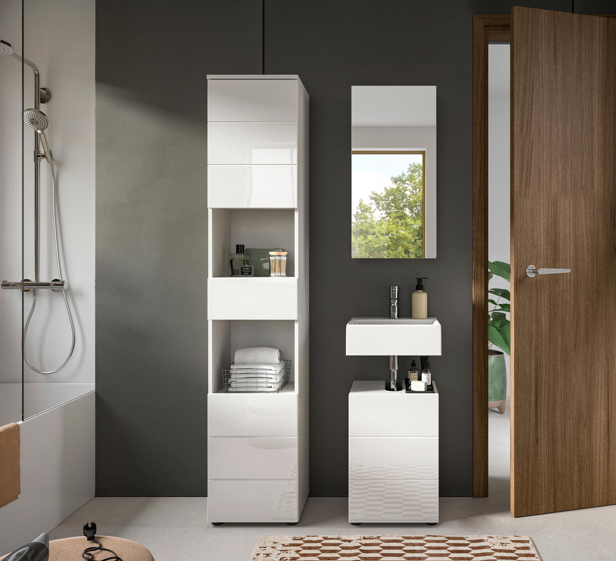 Badezimmer-Set VIRA weiß weiß Hochglanz B/H/T: ca. 91x190x34 cm VIRA - weiß (91,00/190,00/34,00cm) - xonox.home