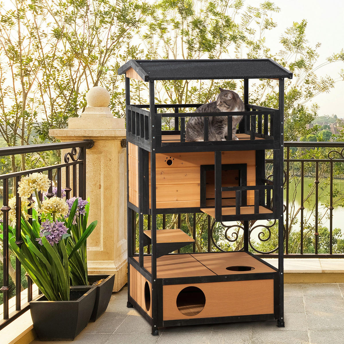 PawHut Katzenhaus schwarz Holz B/H/L: ca. 75x137x75,5 cm Katzenhaus - gelb/schwarz (75,50/75,00/137,00cm) - PawHut