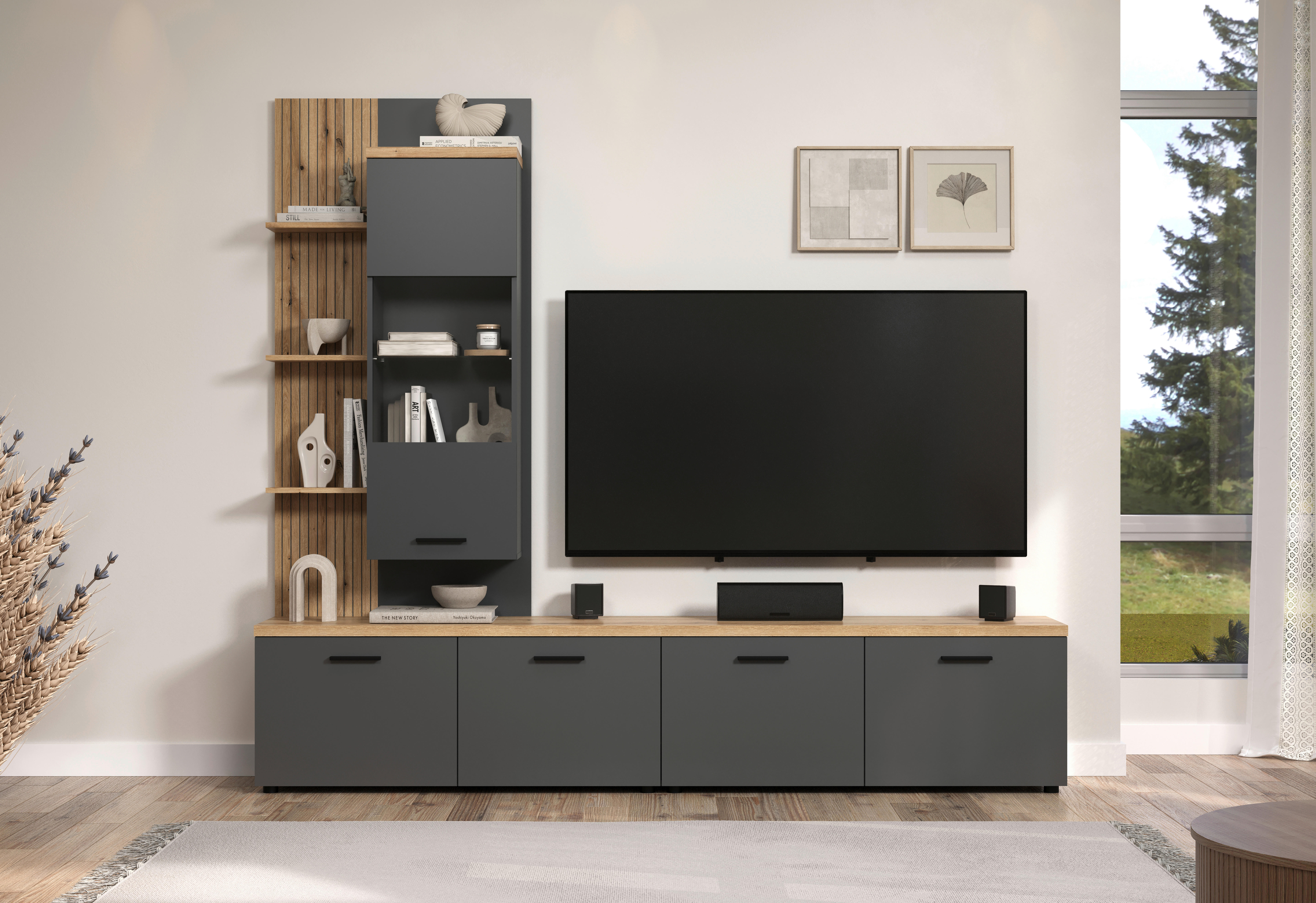 Wohnwand Baggio Eiche Evoke Coast Nachbildung anthrazit B/H/T: ca. 240x211x40 cm Baggio - Eiche/anthrazit (240,00/211,00/40,00cm)