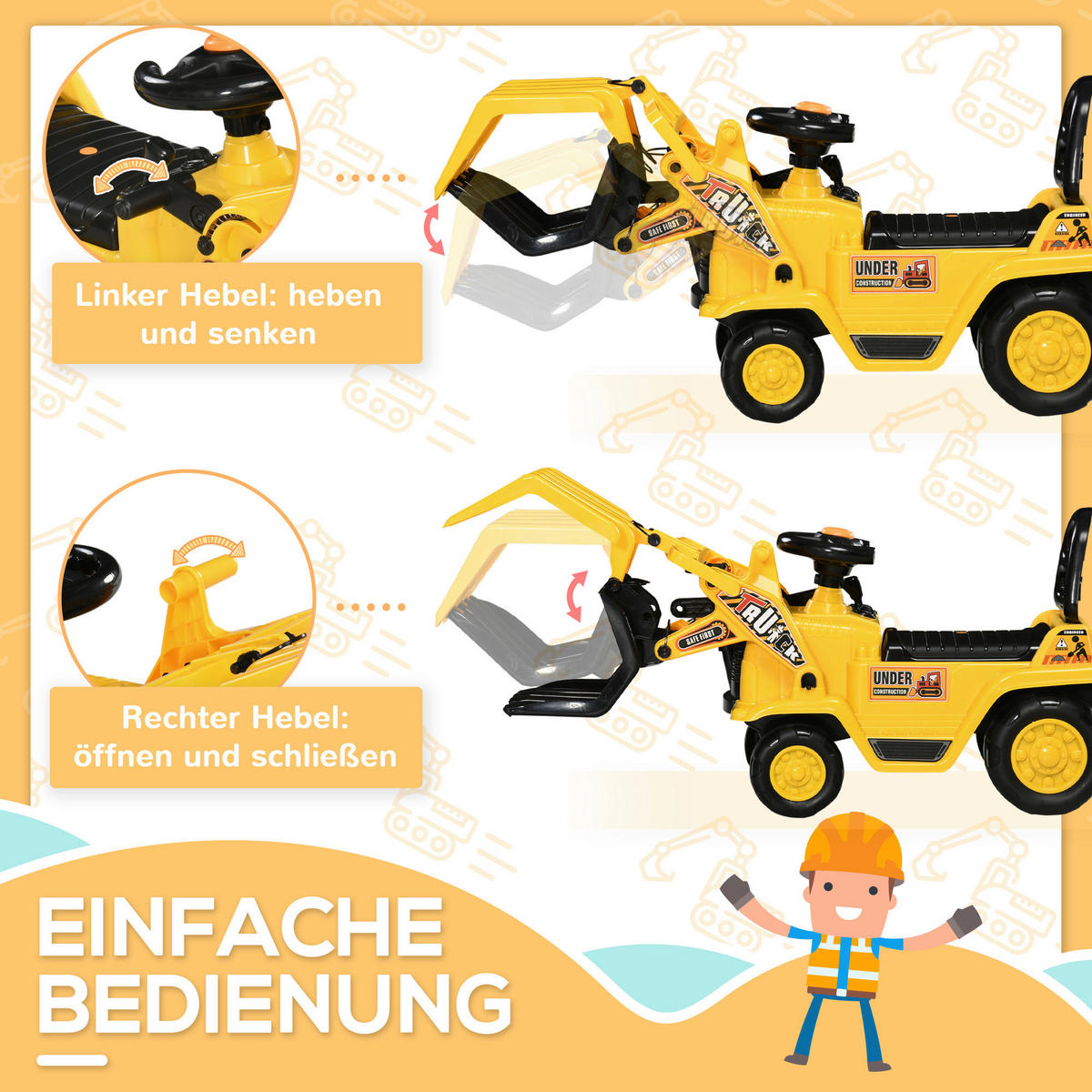 HOMCOM Kinder-Fahrzeug gelb B/H/L: ca. 27x83x39 cm Sitzbagger - gelb/schwarz (39,00/27,00/83,00cm) - HOMCOM