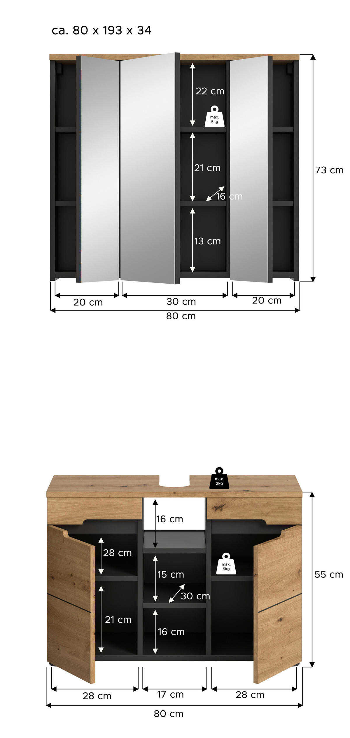 Badezimmer-Set Canu Basalt Eiche Artisan Nachbildung B/H/T: ca. 80x193x34 cm Canu - Eiche/Basalt (80,00/193,00/34,00cm) - xonox.home