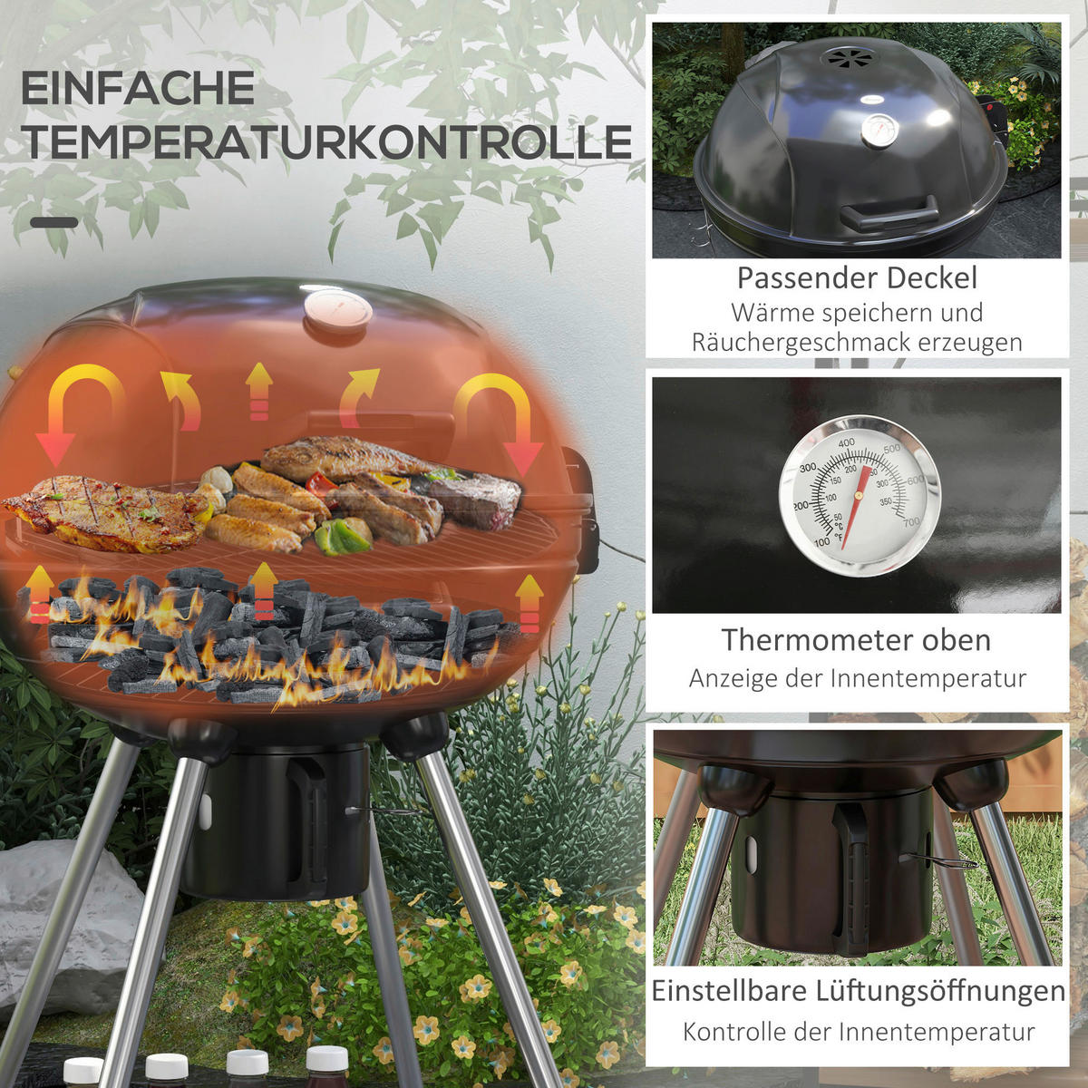 Outsunny Grill Edelstahl B/H/L: ca. 55x65x89 cm Holzkohlegrill - schwarz (89,00/55,00/65,00cm) - Outsunny
