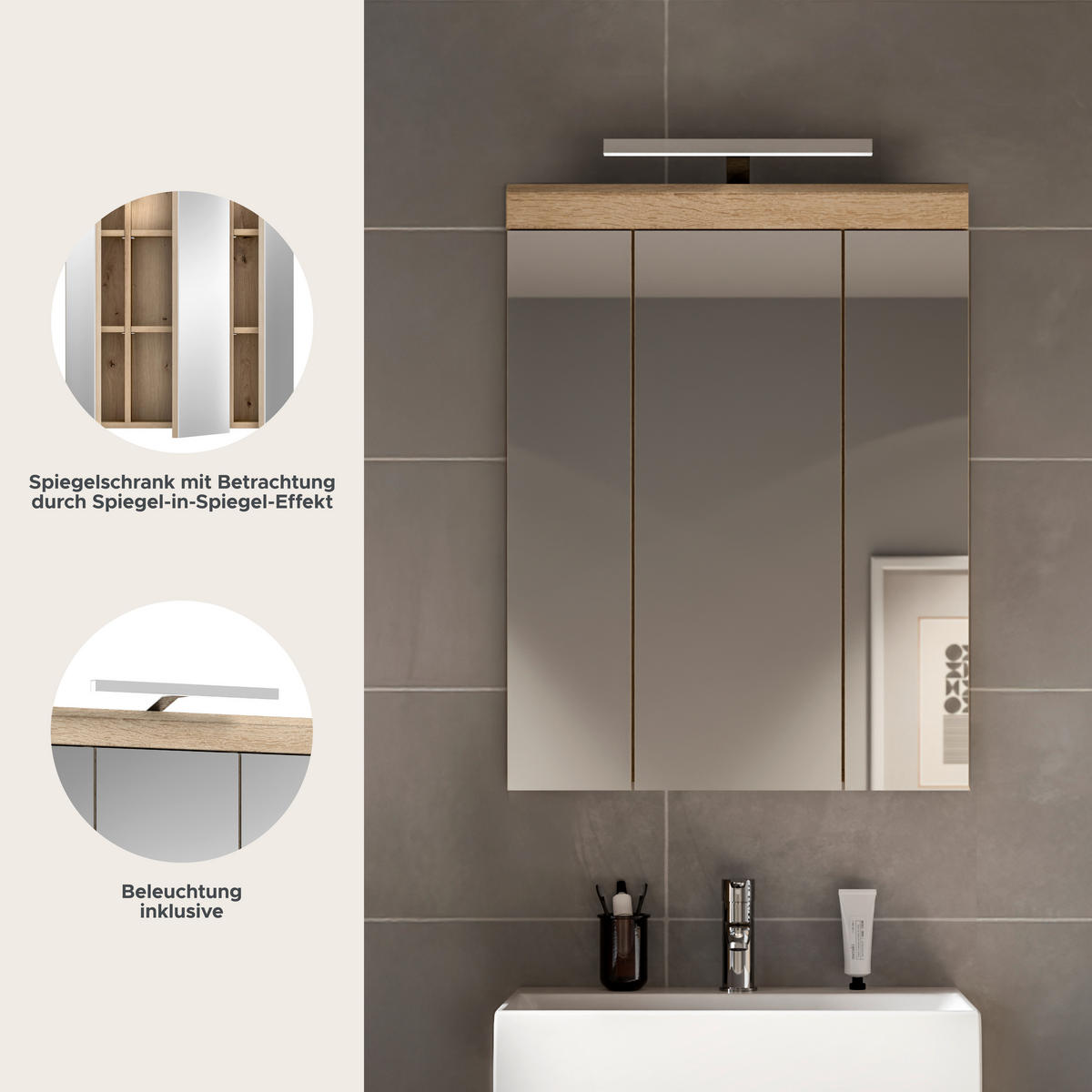 Spiegelschrank Lambada Eiche Sonoma Nachbildung weiß Hochglanz B/H/T: ca. 60x79x37 cm Lambada - Eiche/weiß (60,00/79,00/37,00cm) - xonox.home