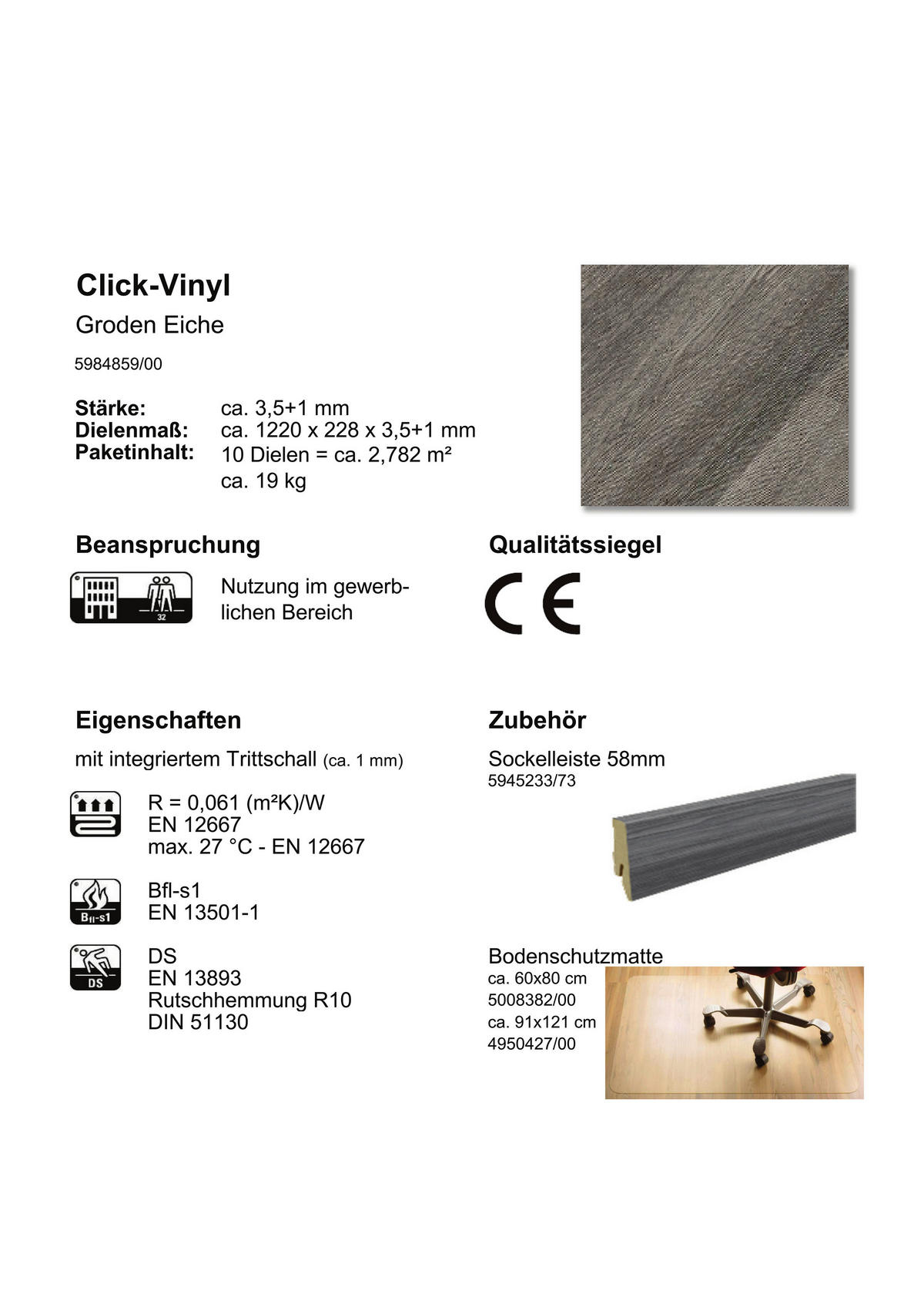 Click-Vinylboden Groden ca. 2,782 m² im Paket  B/L: ca. 22,8x122 cm pro Paket Groden ca. 2,782 m² im Paket - (22,80/122,00cm)