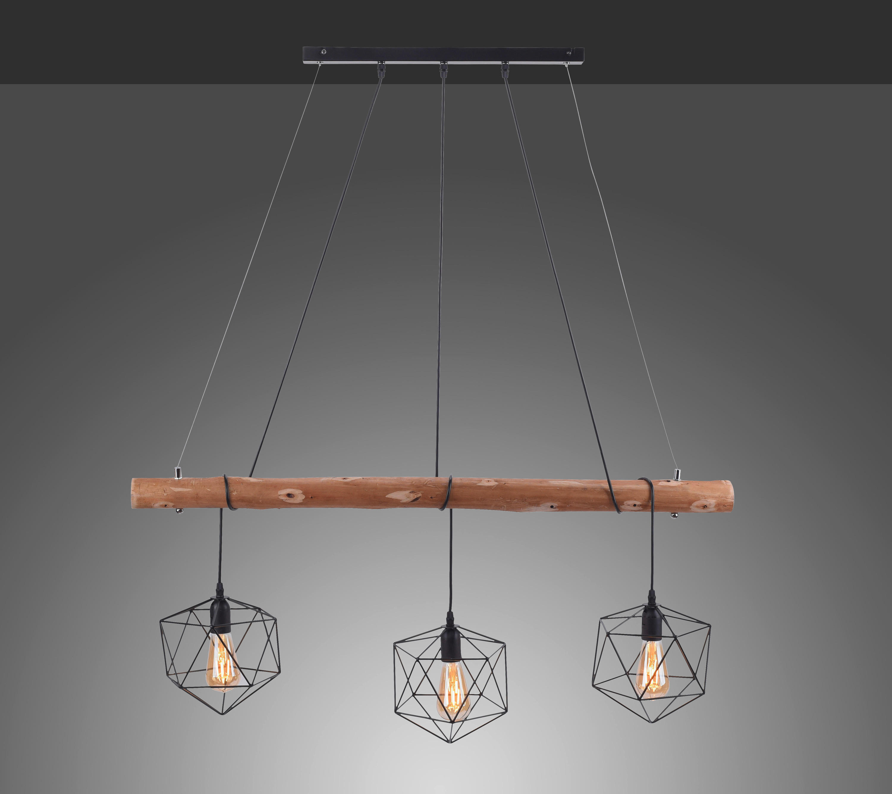 Just Light Pendelleuchte  PN15514-18 schwarz Holz Metall Glas B/H/L: ca. 20x120x100 cm E27 3 Brennstellen EDGAR - schwarz (100,00/20,00/120,00cm) - Just Light