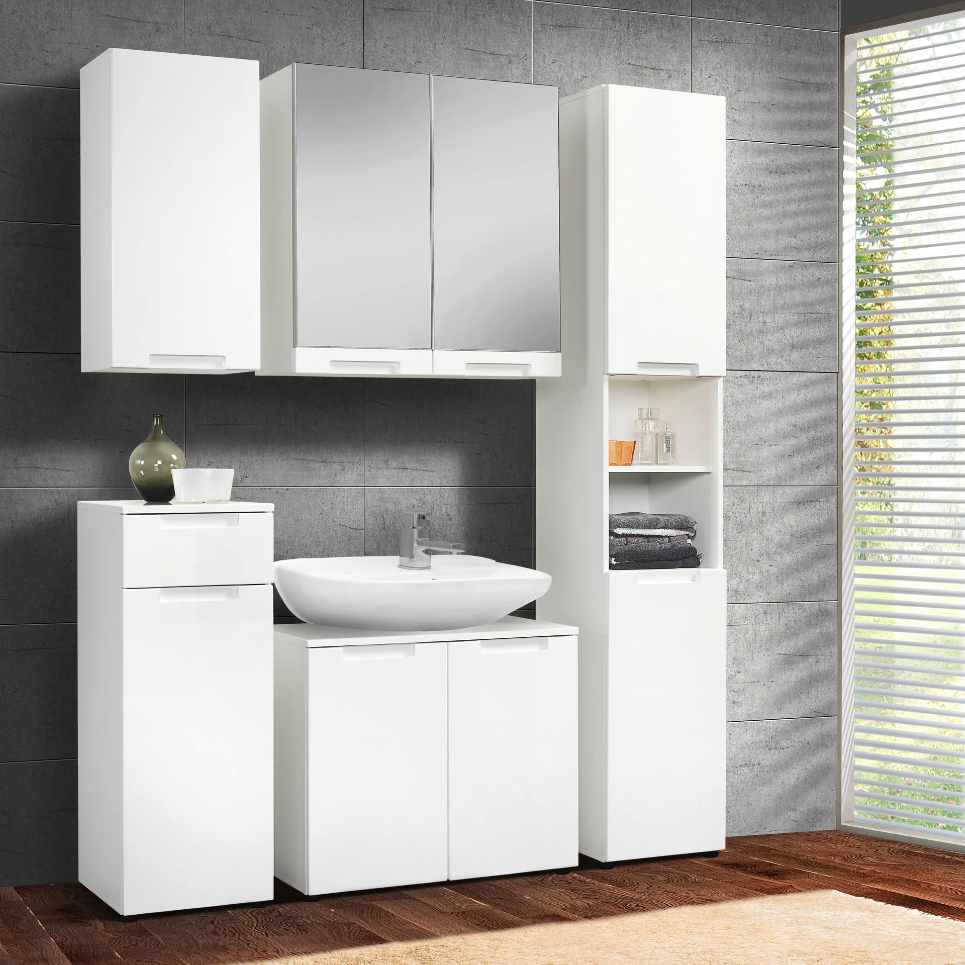 Thumbnail - Spiegelschrank Mailand weiß weiß Hochglanz B/H/T: ca. 70x71x23 cm