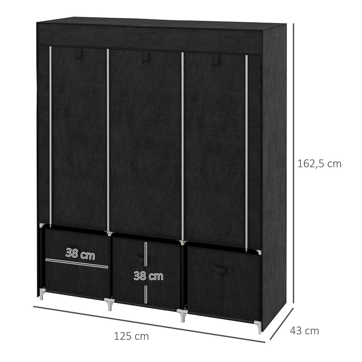 HOMCOM Kleiderschrank schwarz Polypropylen B/H/L: ca. 43x125x162,5 cm Stoffschrank - schwarz (162,50/43,00/125,00cm) - HOMCOM