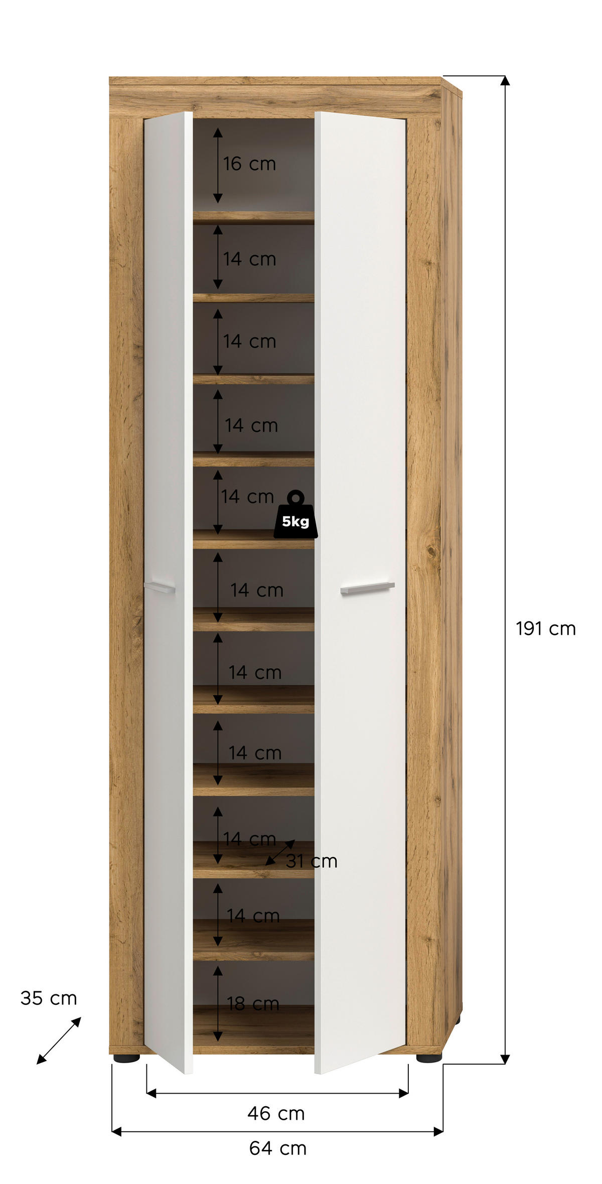 Schuhschrank JAM Eiche Wotan Nachbildung weiß B/H/T: ca. 64x191x35 cm JAM - Eiche/weiß (64,00/191,00/35,00cm) - xonox.home